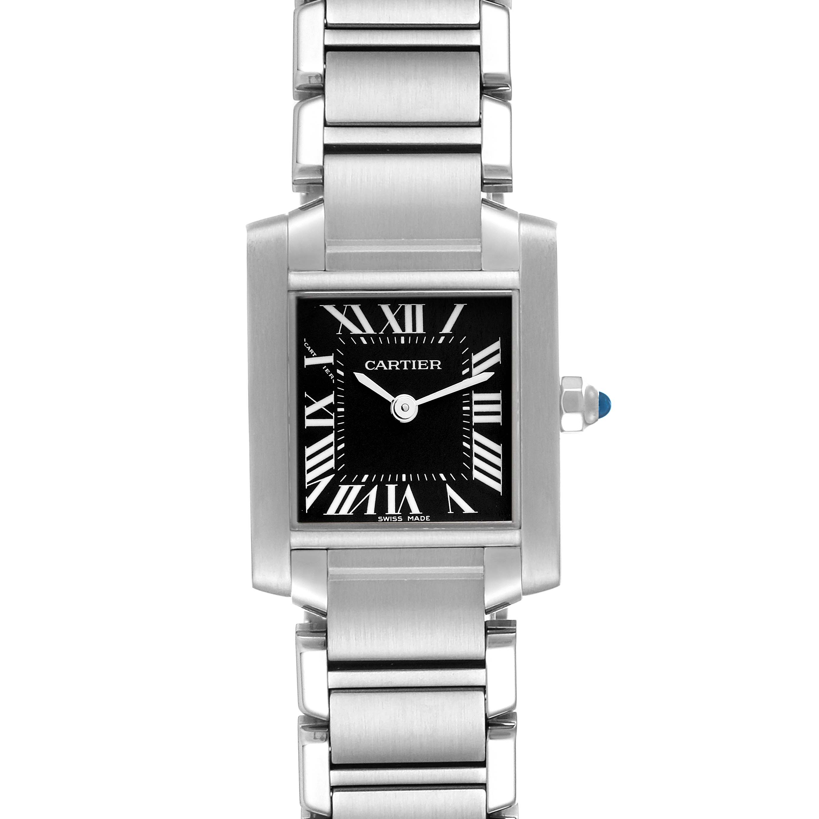 This is a front view of the Cartier Tank Francaise W51026Q3 Women's Stainless Steel Black Dial W51026Q3 Women's Stainless Steel Black Dial watch, showing the stainless steel bracelet and black dial with Roman numerals.