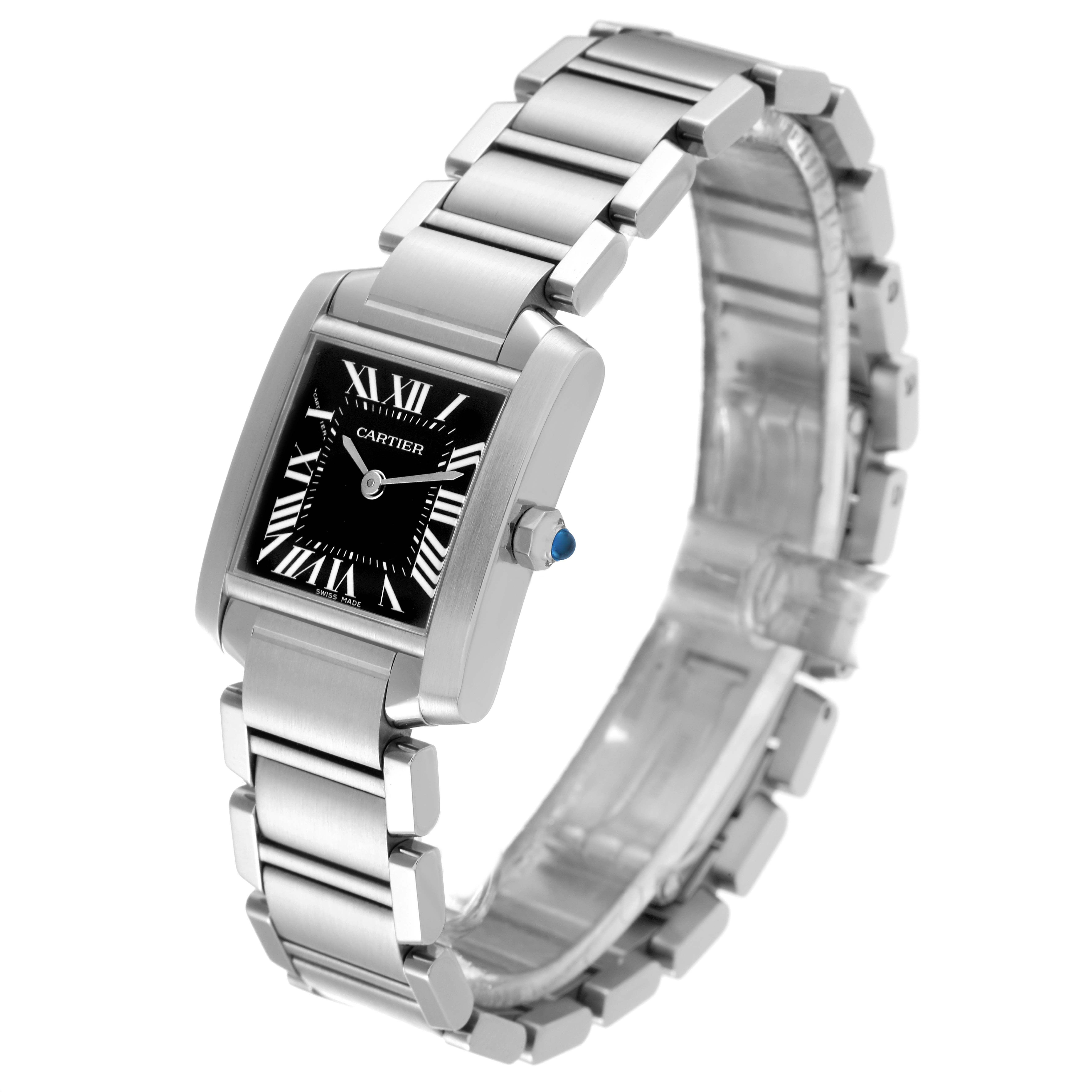 The image shows a Cartier Tank Francaise W51026Q3 Women's Stainless Steel Black Dial W51026Q3 Women's Stainless Steel Black Dial watch from an oblique angle highlighting its face, bezel, and metal bracelet.