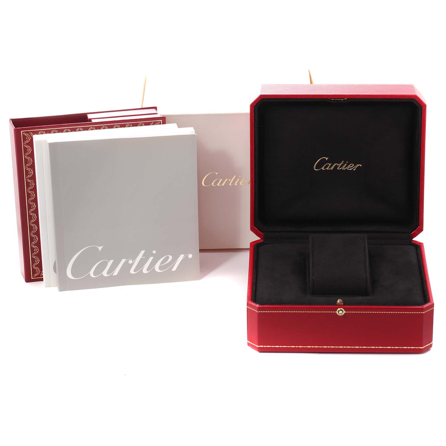 The image shows the packaging and accessories for the Cartier Tank Francaise W51026Q3 Women's Stainless Steel Black Dial W51026Q3 Women's Stainless Steel Black Dial model, including manuals, outer box, and watch case.