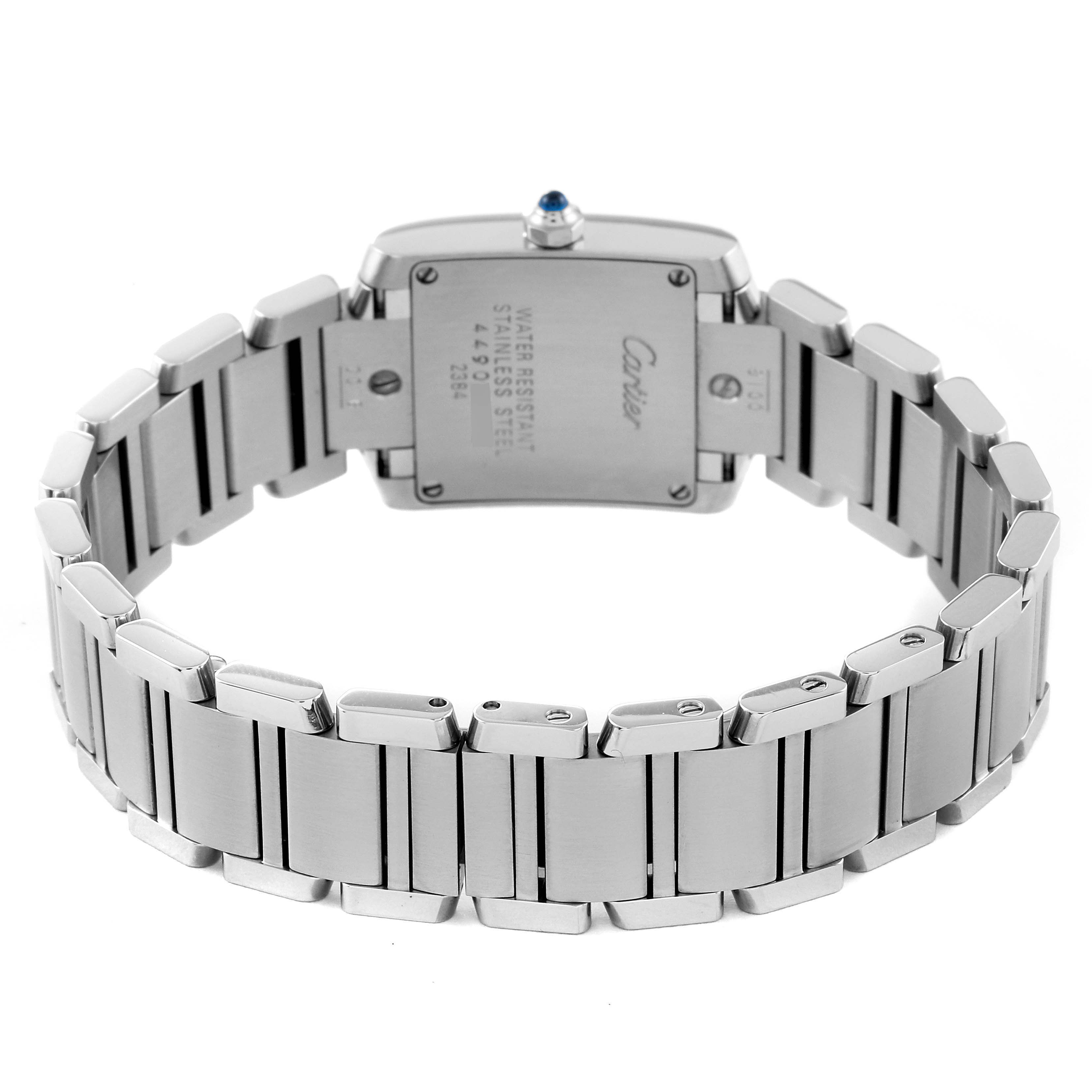 This image shows the back case and bracelet of a Cartier Tank Française watch, angled from the rear.