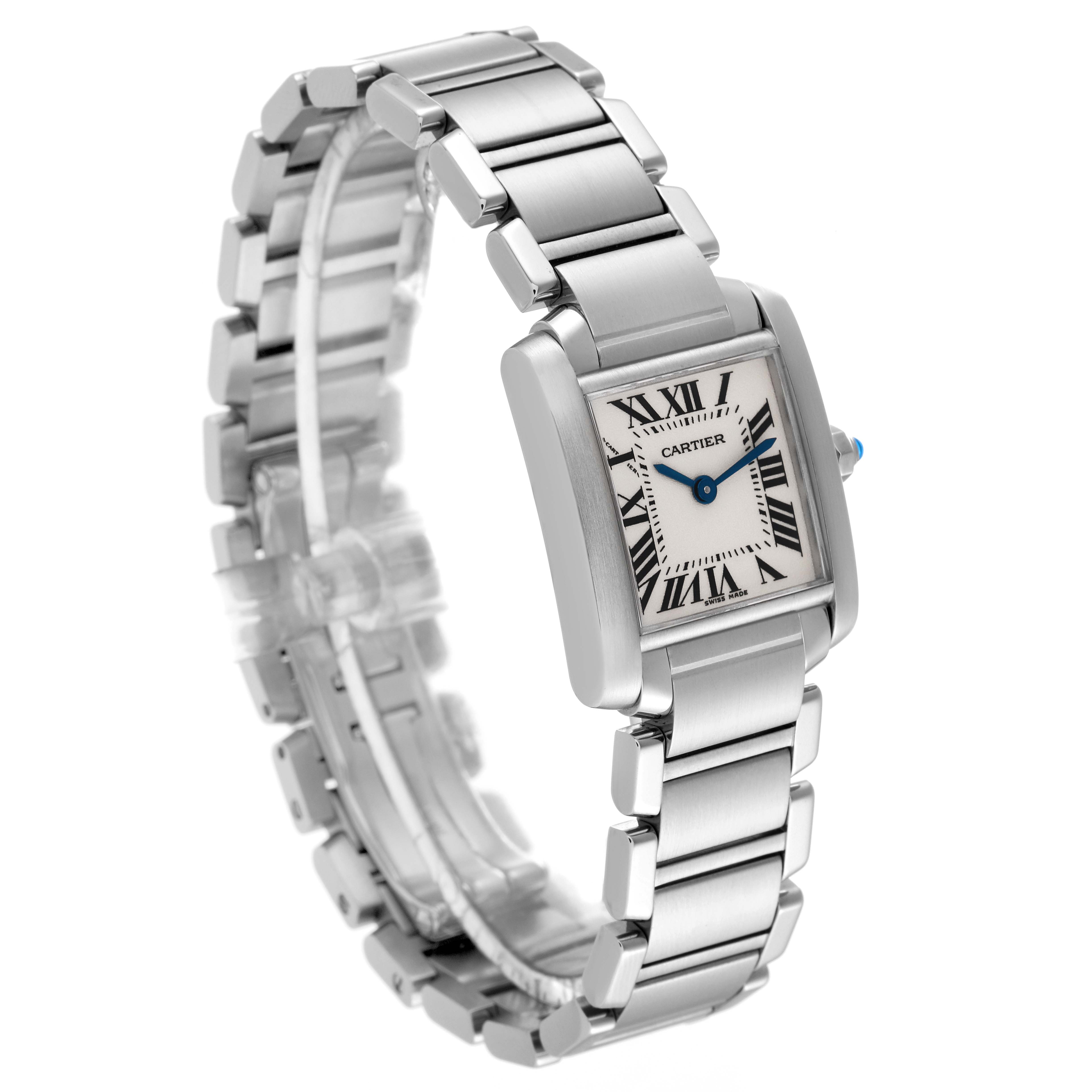 The image shows a Cartier Tank Française watch at a three-quarter angle, highlighting its bracelet and rectangular face with Roman numerals.