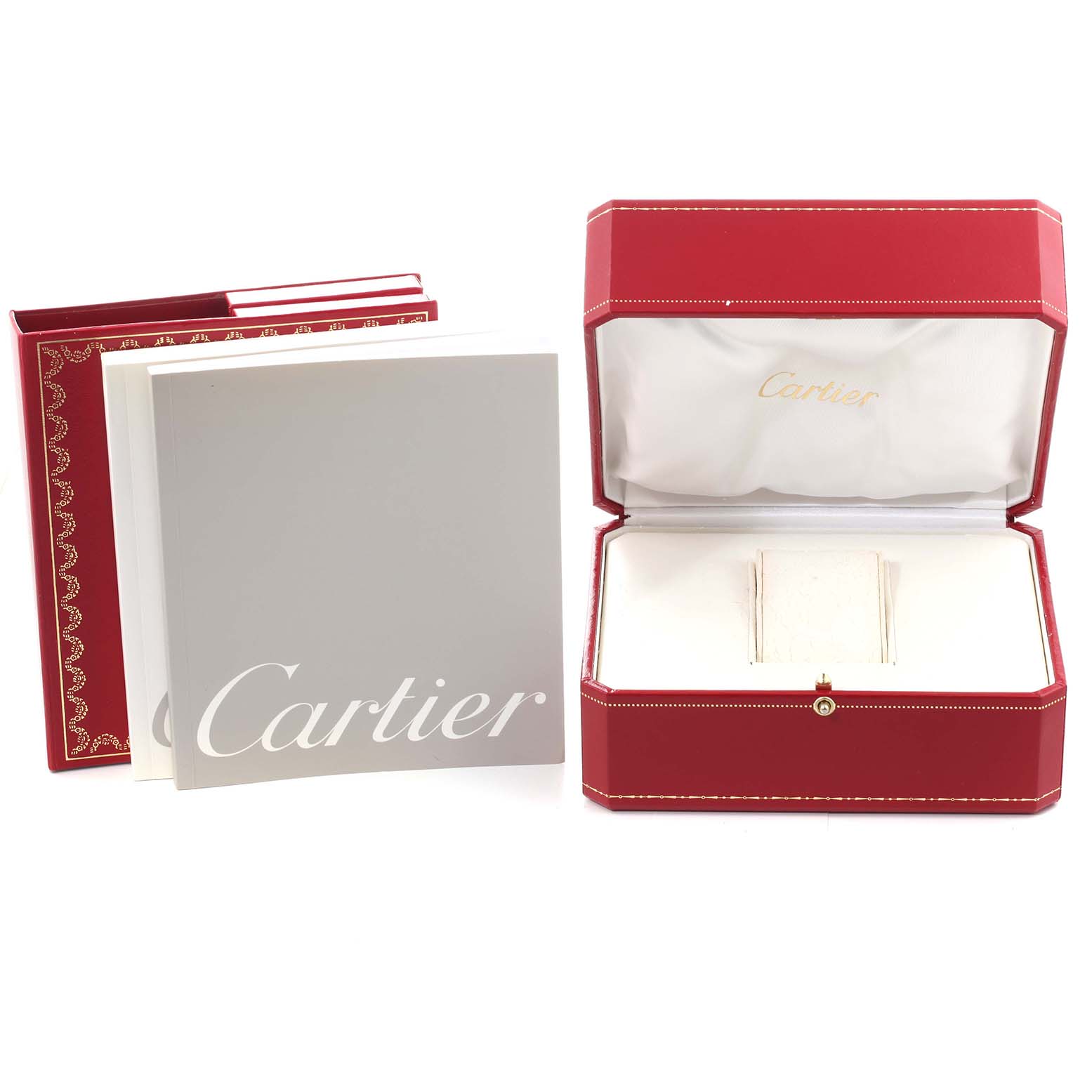 This image shows the packaging and manuals for the Cartier Tank Française model, including a red watch box and booklets.
