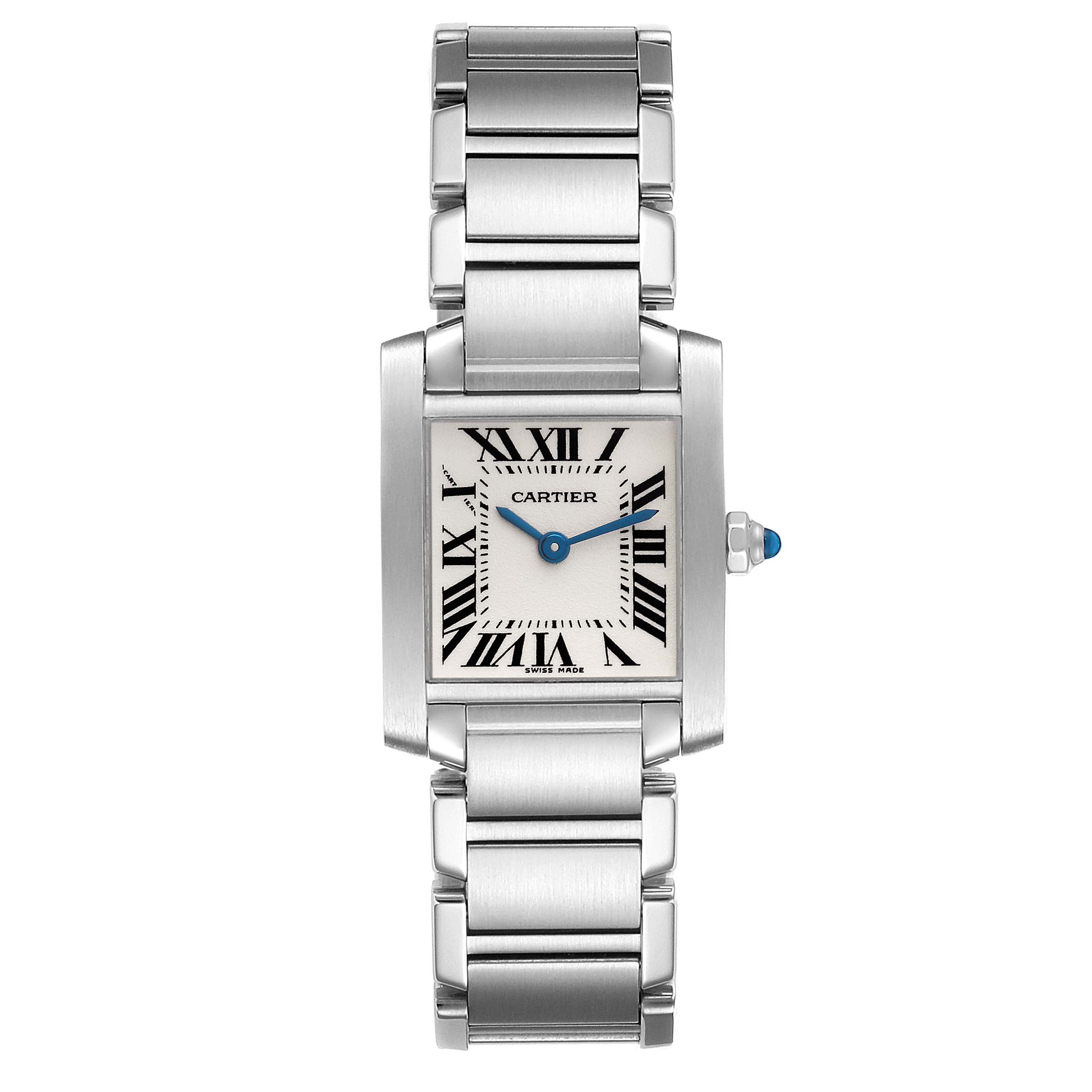 The image shows a frontal view of a Cartier Tank Francaise W51008Q3 Women's Stainless Steel Silver Dial W51008Q3 Women's Stainless Steel Silver Dial watch, displaying the dial, hands, and metal bracelet.