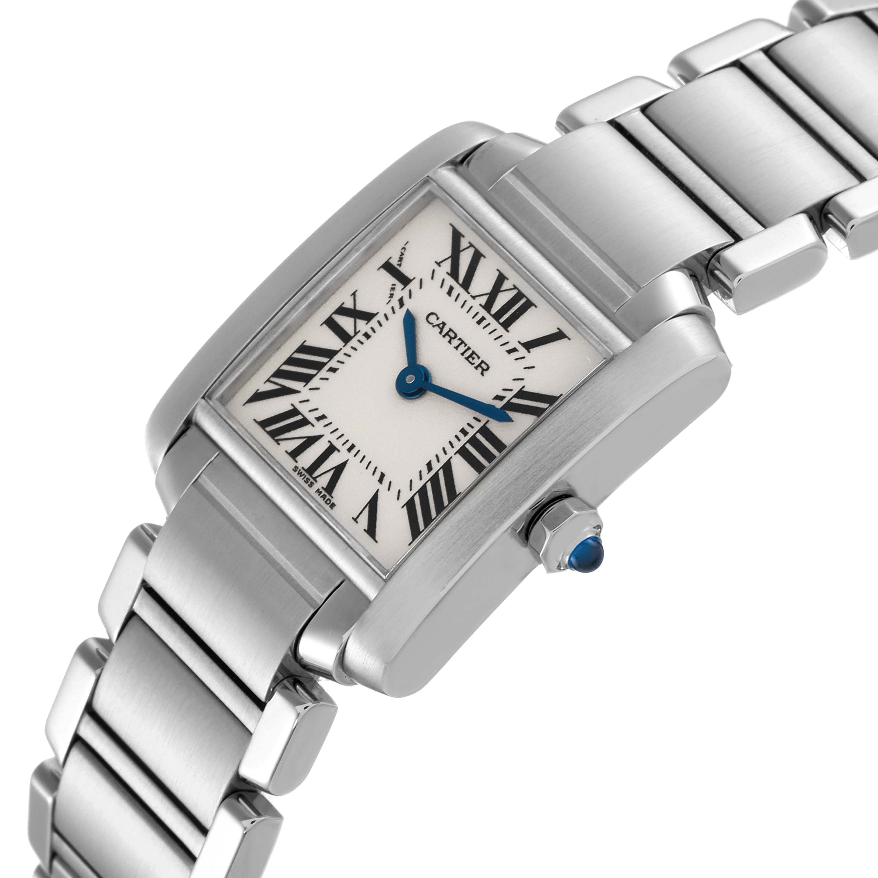 The image shows a Tank Francaise watch by Cartier from an angled top-down perspective, highlighting its face, bracelet, and crown.