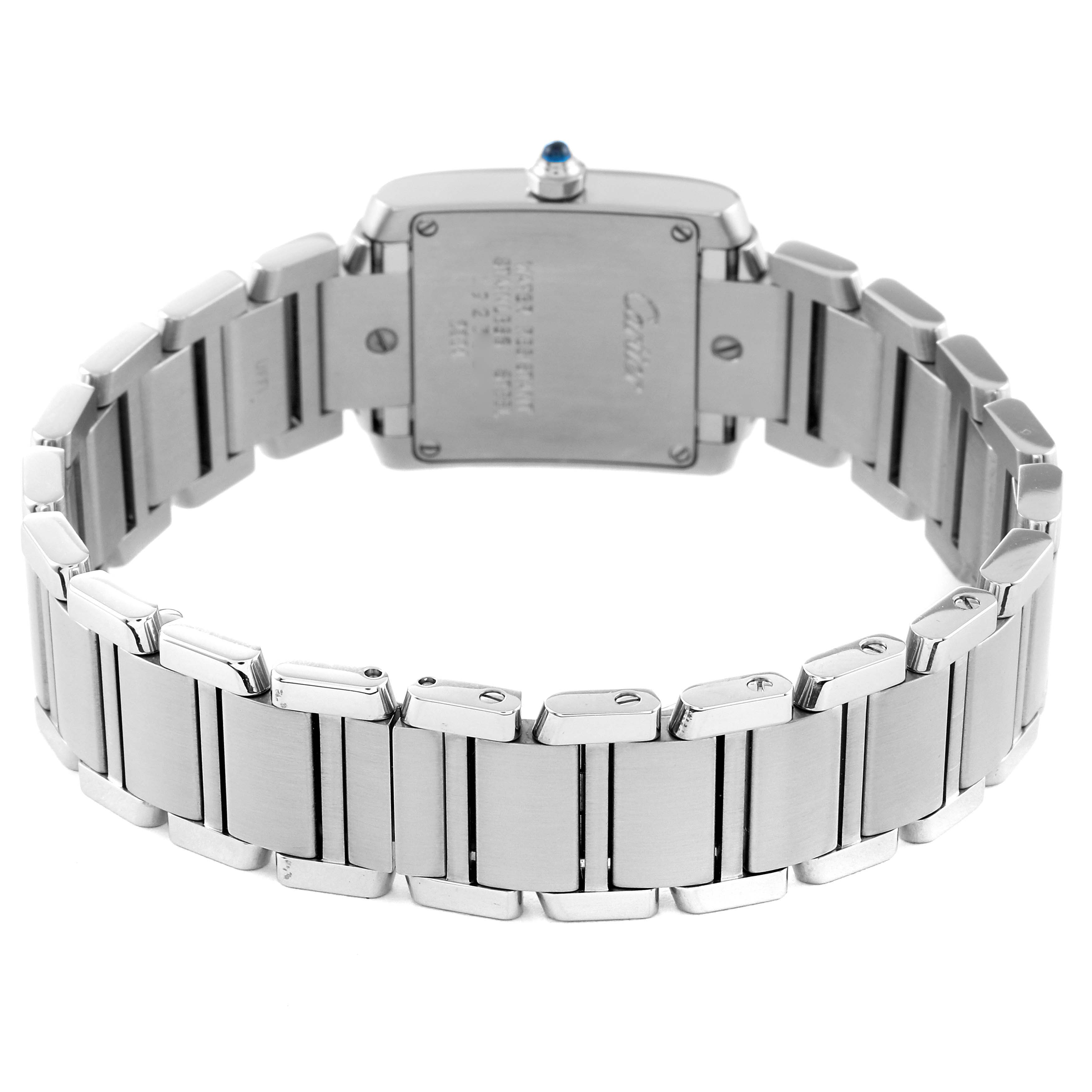 The image shows the back view of the Cartier Tank Francaise W51008Q3 Women's Stainless Steel Silver Dial W51008Q3 Women's Stainless Steel Silver Dial watch with a focus on the bracelet and caseback.