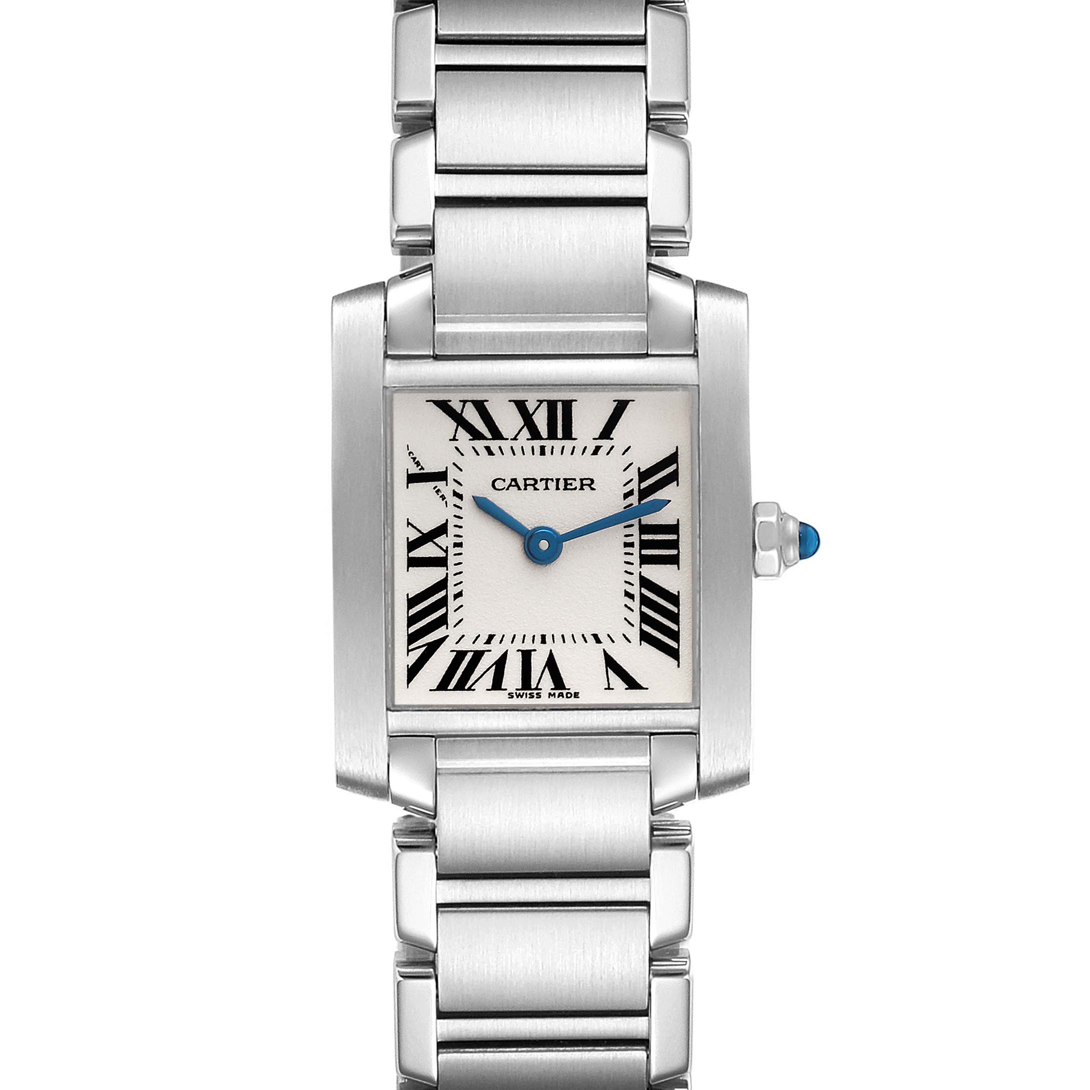 This image shows a front view of a Tank Francaise watch by Cartier, displaying the face, case, and bracelet.