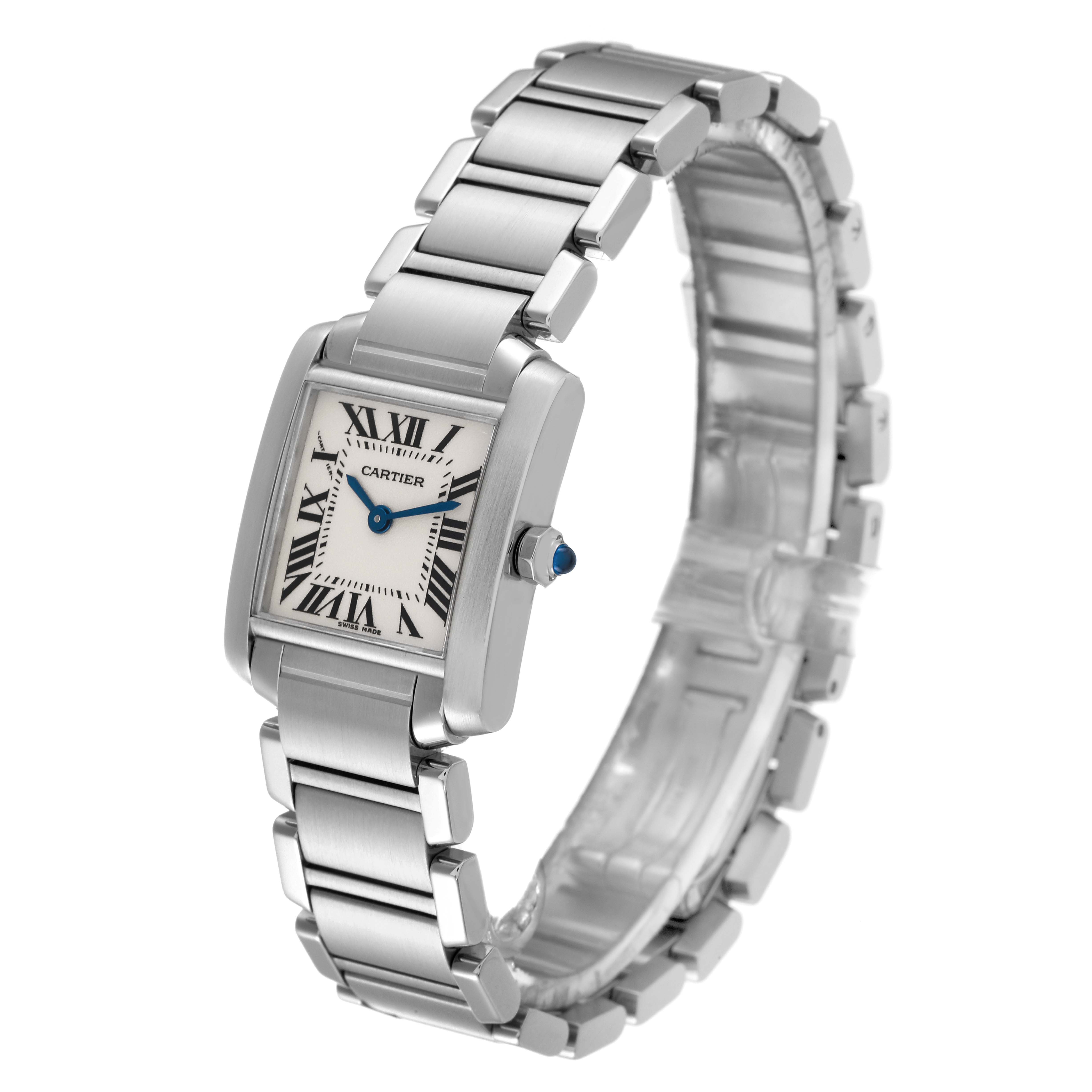 The Cartier Tank Francaise W51008Q3 Women's Stainless Steel Silver Dial W51008Q3 Women's Stainless Steel Silver Dial watch is shown at a slight angle highlighting its face, bracelet, and crown.