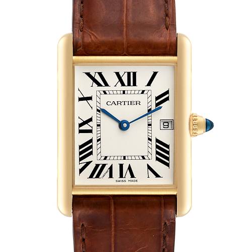 Photo of Cartier Tank Louis 18K Yellow Gold Brown Strap Mens Watch W1529756 Papers