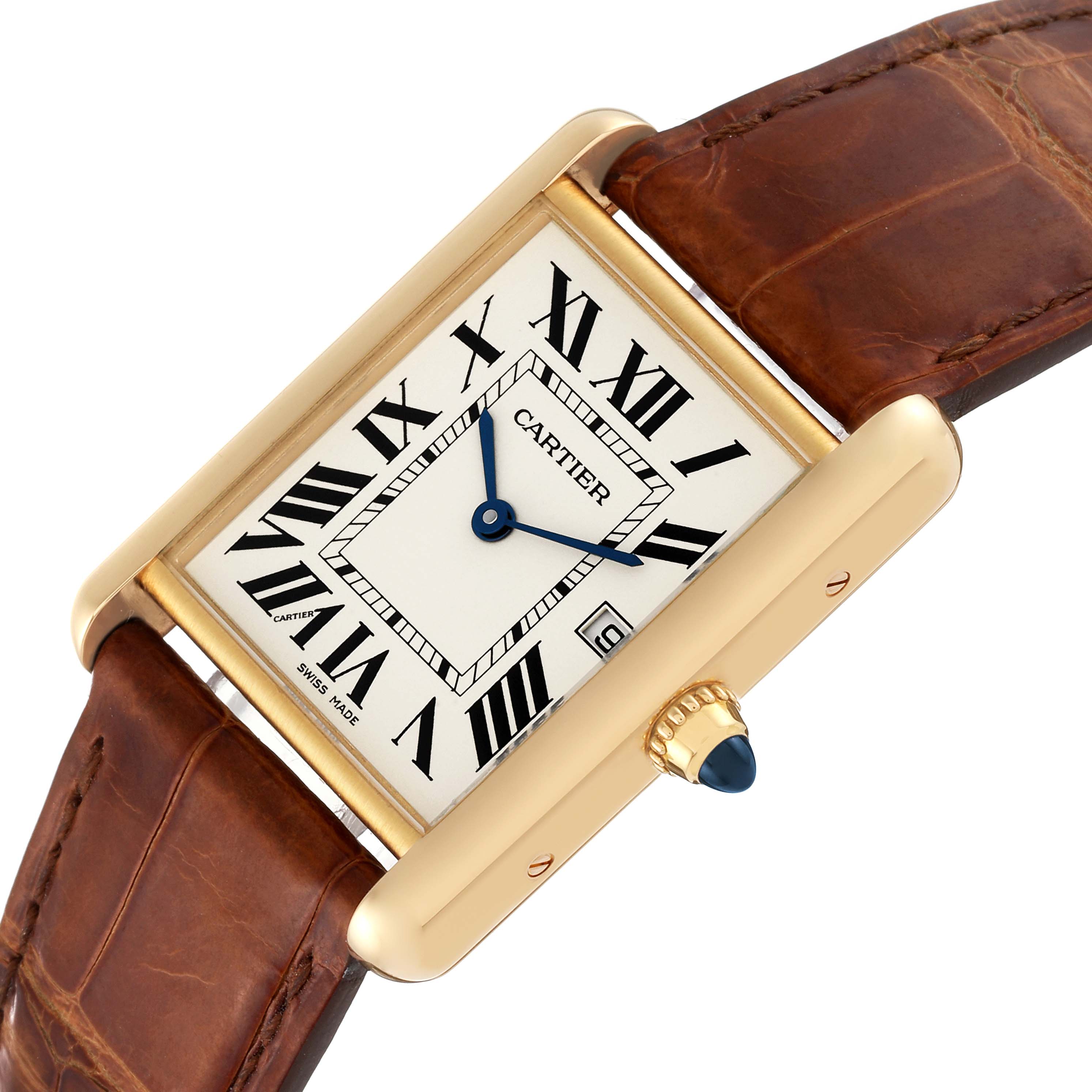 The image shows a Tank Louis Cartier watch at an angled view, highlighting the dial, blue hands, crown with a blue cabochon, and leather strap.