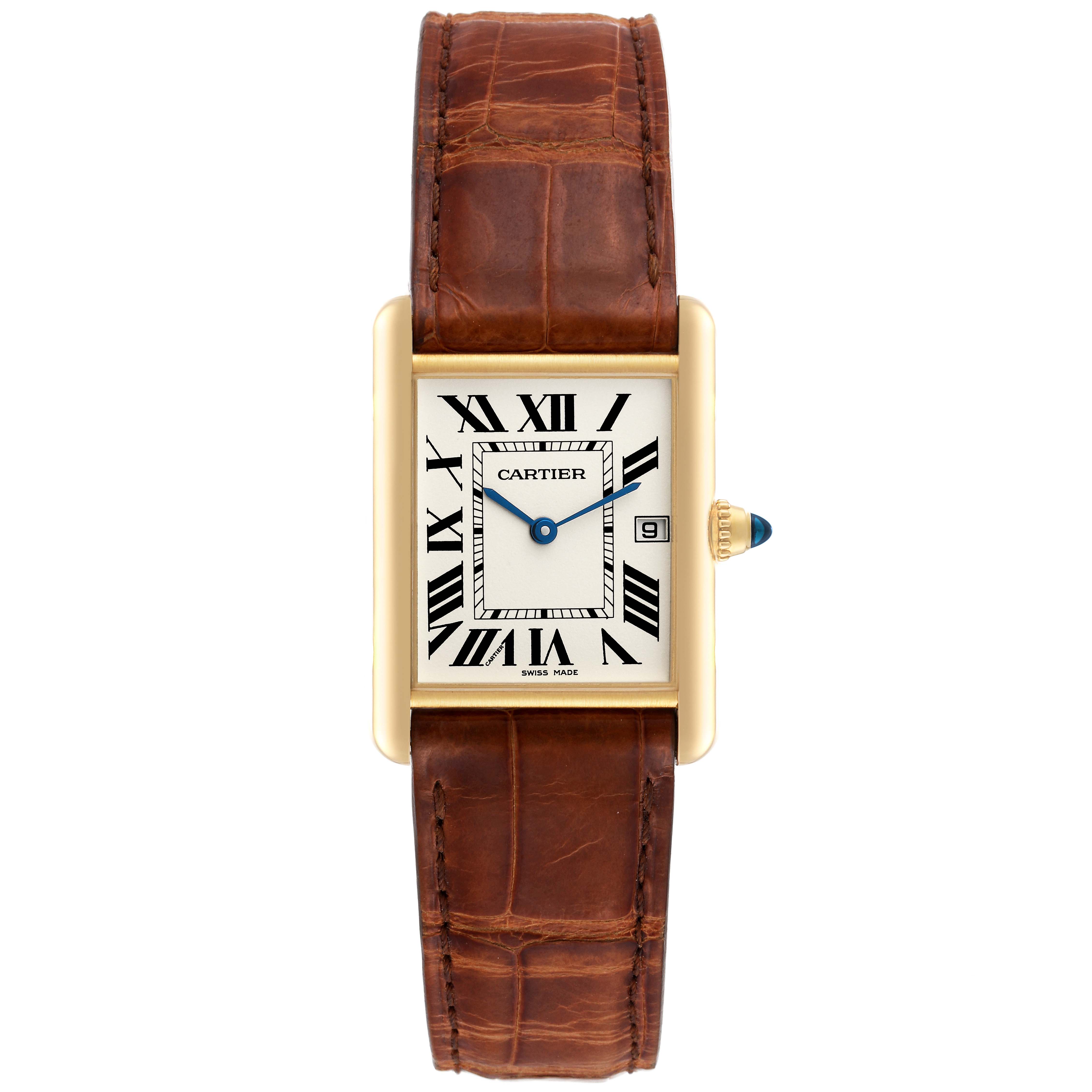 The image shows a Cartier Tank Louis W1529756 Men's Yellow Gold Silver Dial W1529756 Men's Yellow Gold Silver Dial watch from a front angle, displaying the face, bezel, and leather strap.