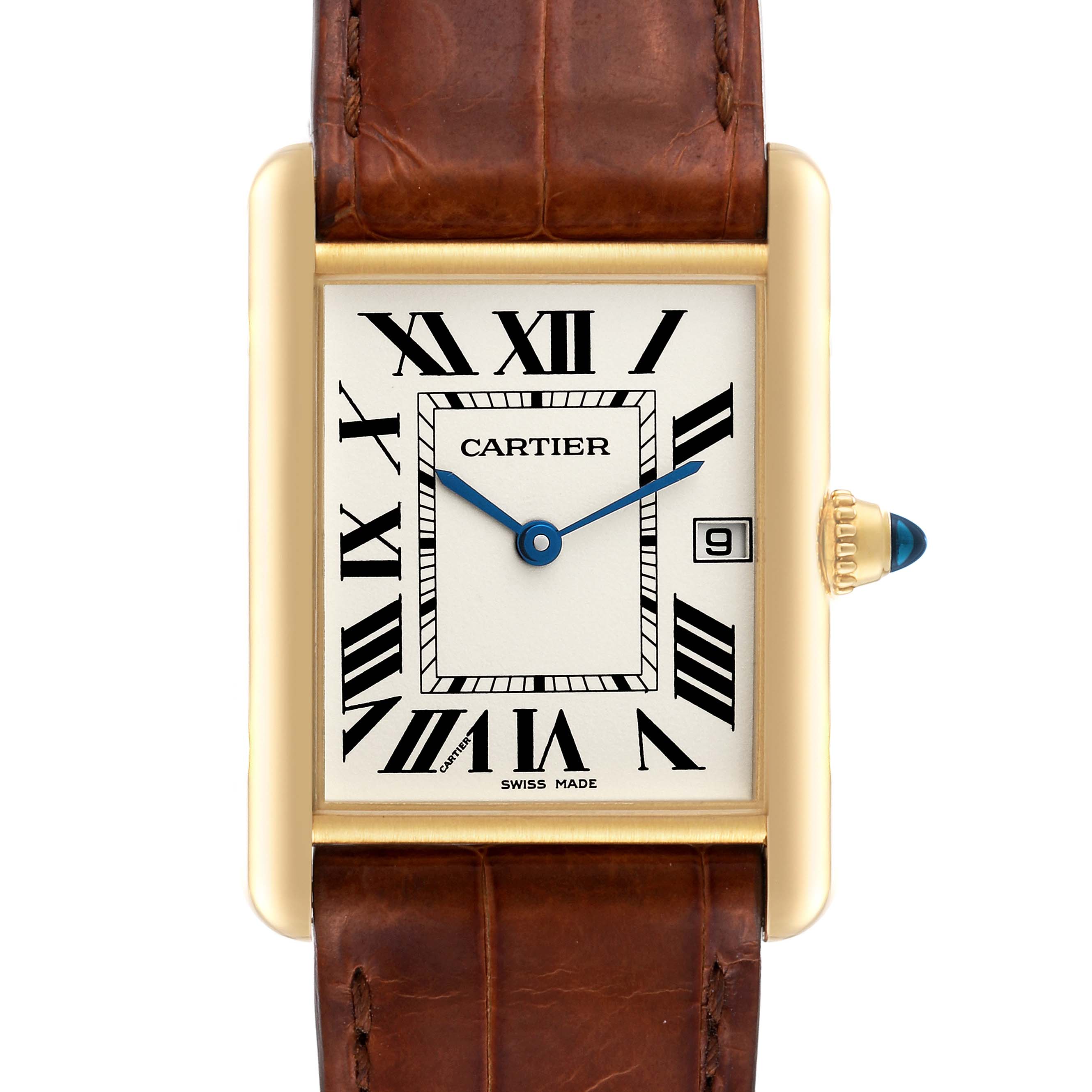 This image shows a straight-on view of the face and straps of a Cartier Tank Louis W1529756 Men's Yellow Gold Silver Dial W1529756 Men's Yellow Gold Silver Dial watch.