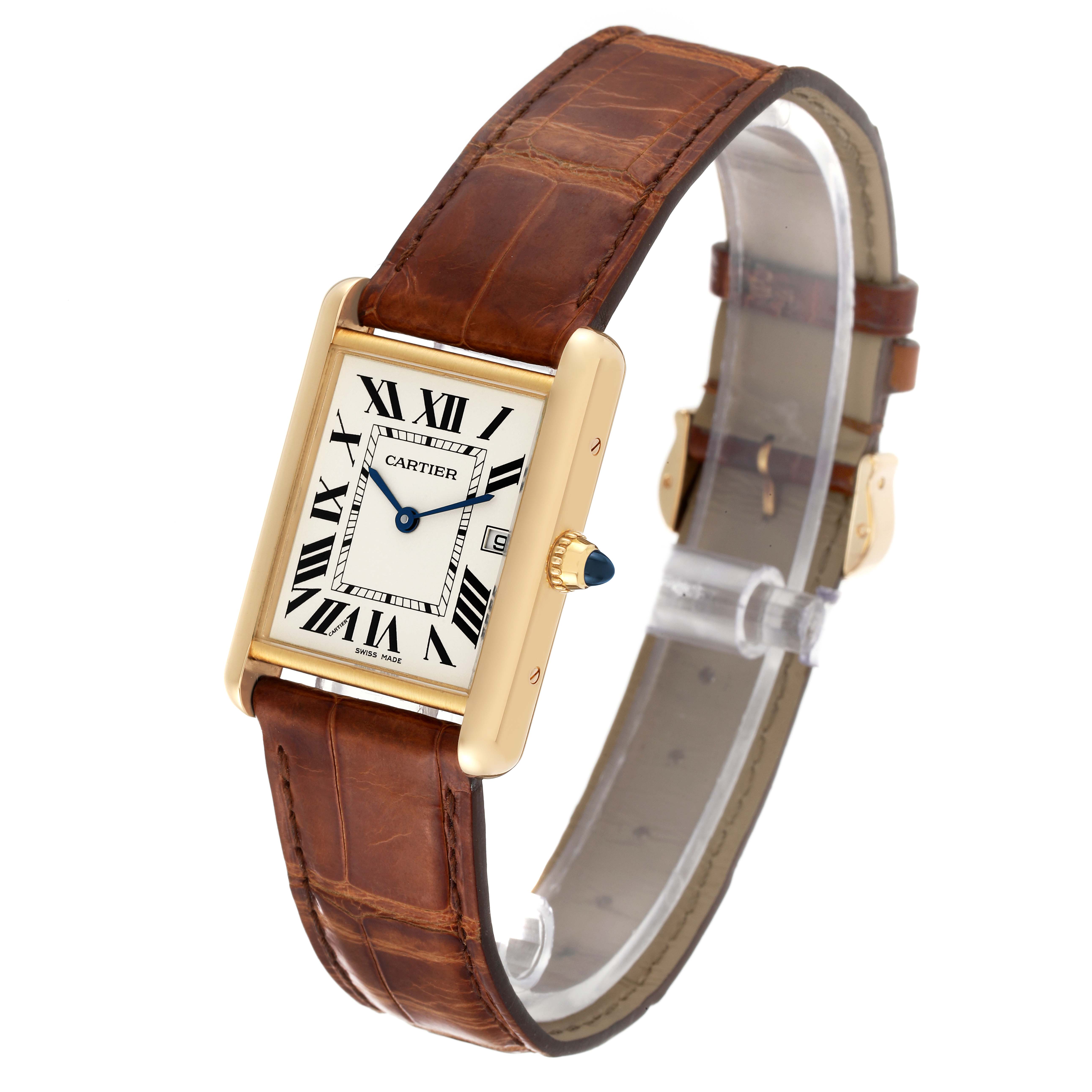 The image shows a Tank Louis Cartier watch at a three-quarter angle, displaying its face, brown leather strap, and gold casing.