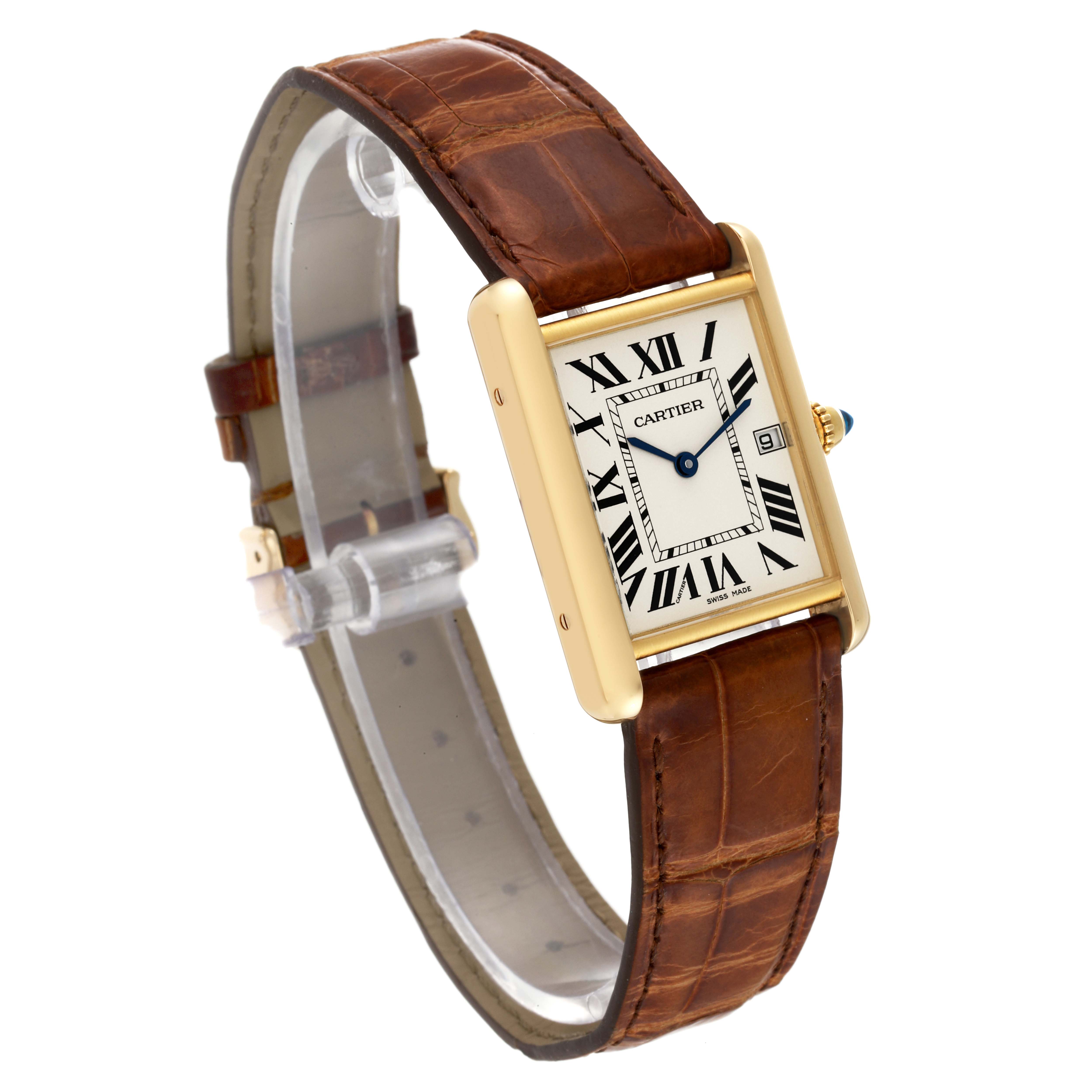 The Tank Louis model by Cartier is shown from an angled front view, displaying the watch face, brown leather strap, and crown.