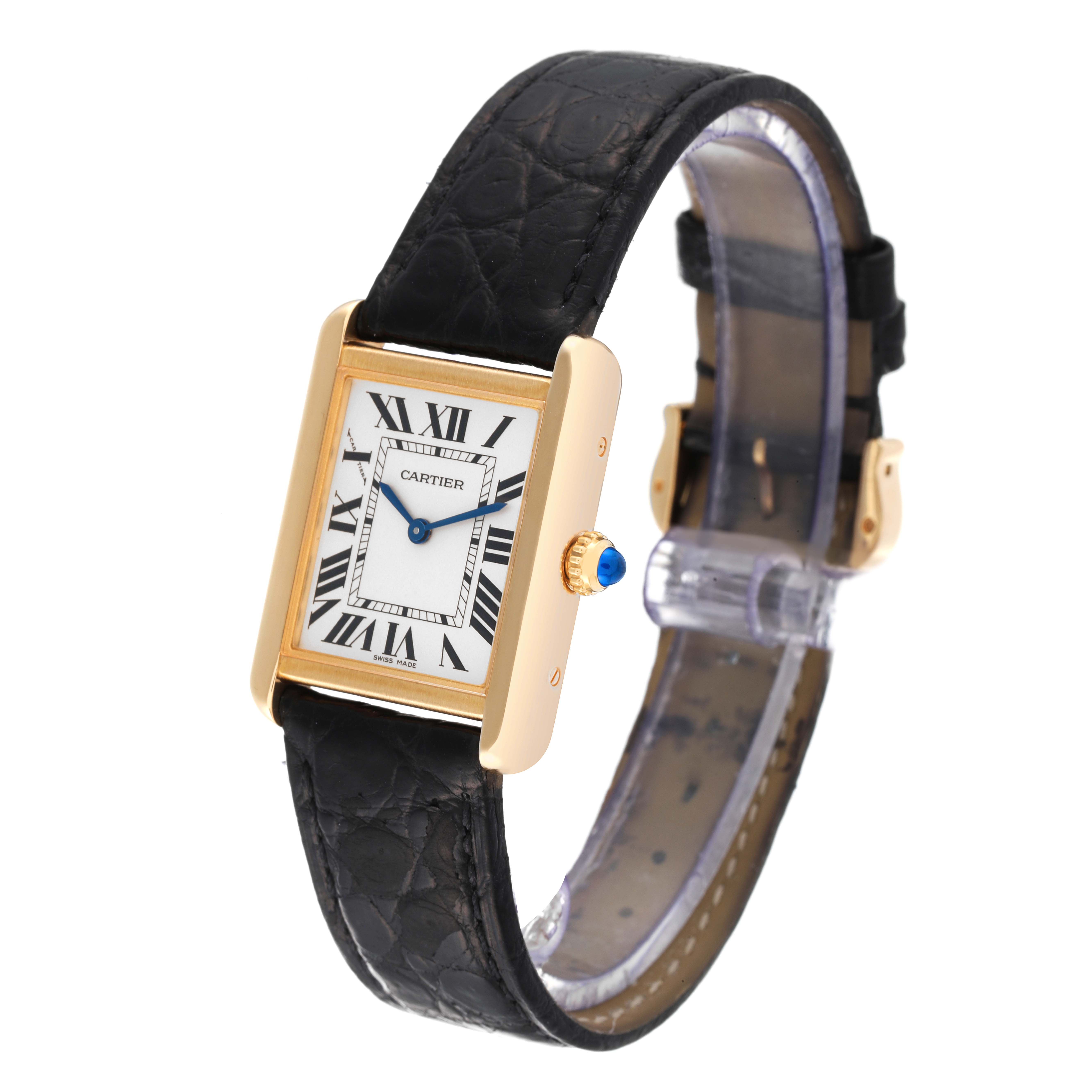 The image shows a Cartier Tank Solo W5200002 Women's Yellow Gold Silver Dial W5200002 Women's Yellow Gold Silver Dial watch at a three-quarter angle, displaying the face, crown, and leather strap.