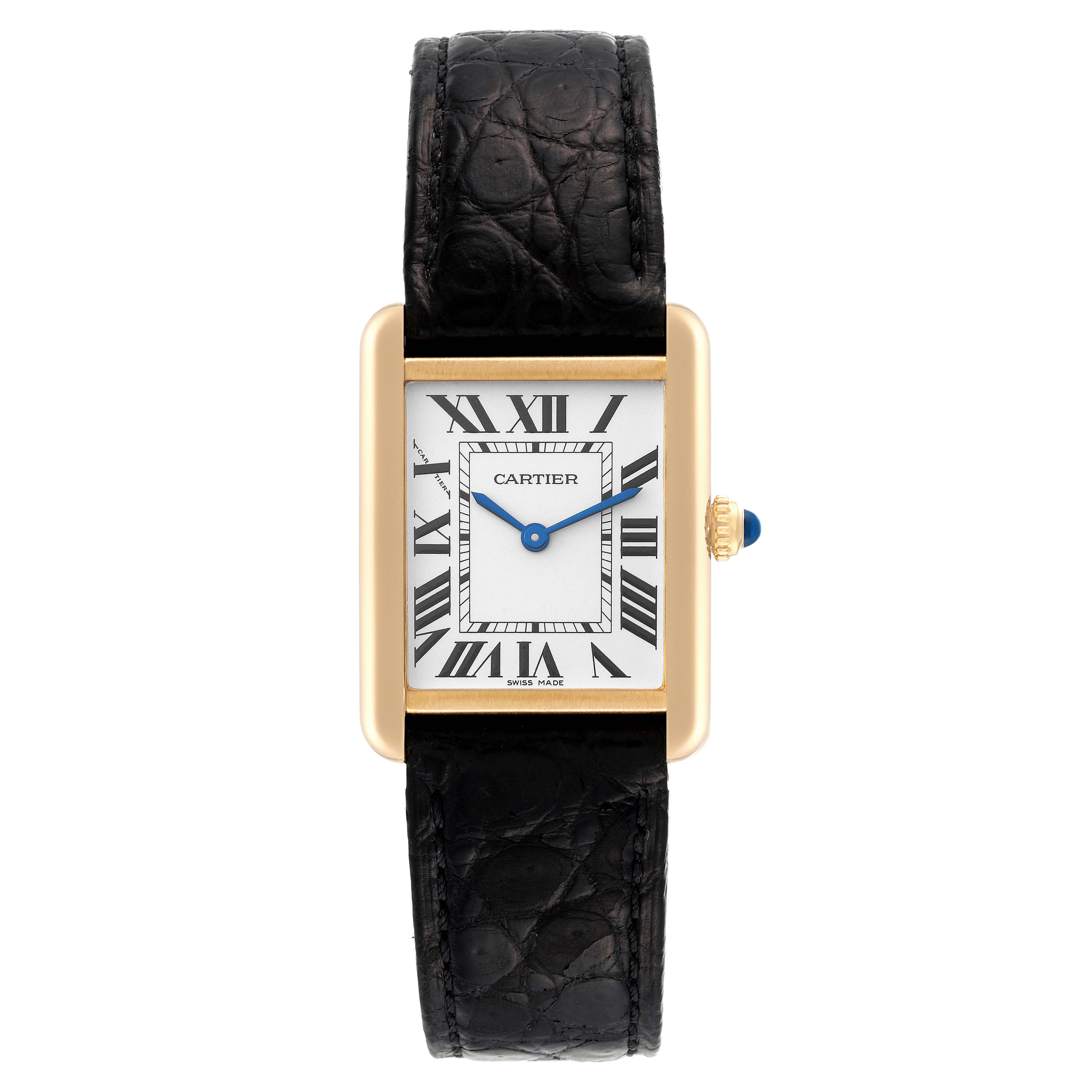 The Cartier Tank Solo W5200002 Women's Yellow Gold Silver Dial W5200002 Women's Yellow Gold Silver Dial watch is shown from a front view, displaying its case, dial, Roman numerals, and leather strap.