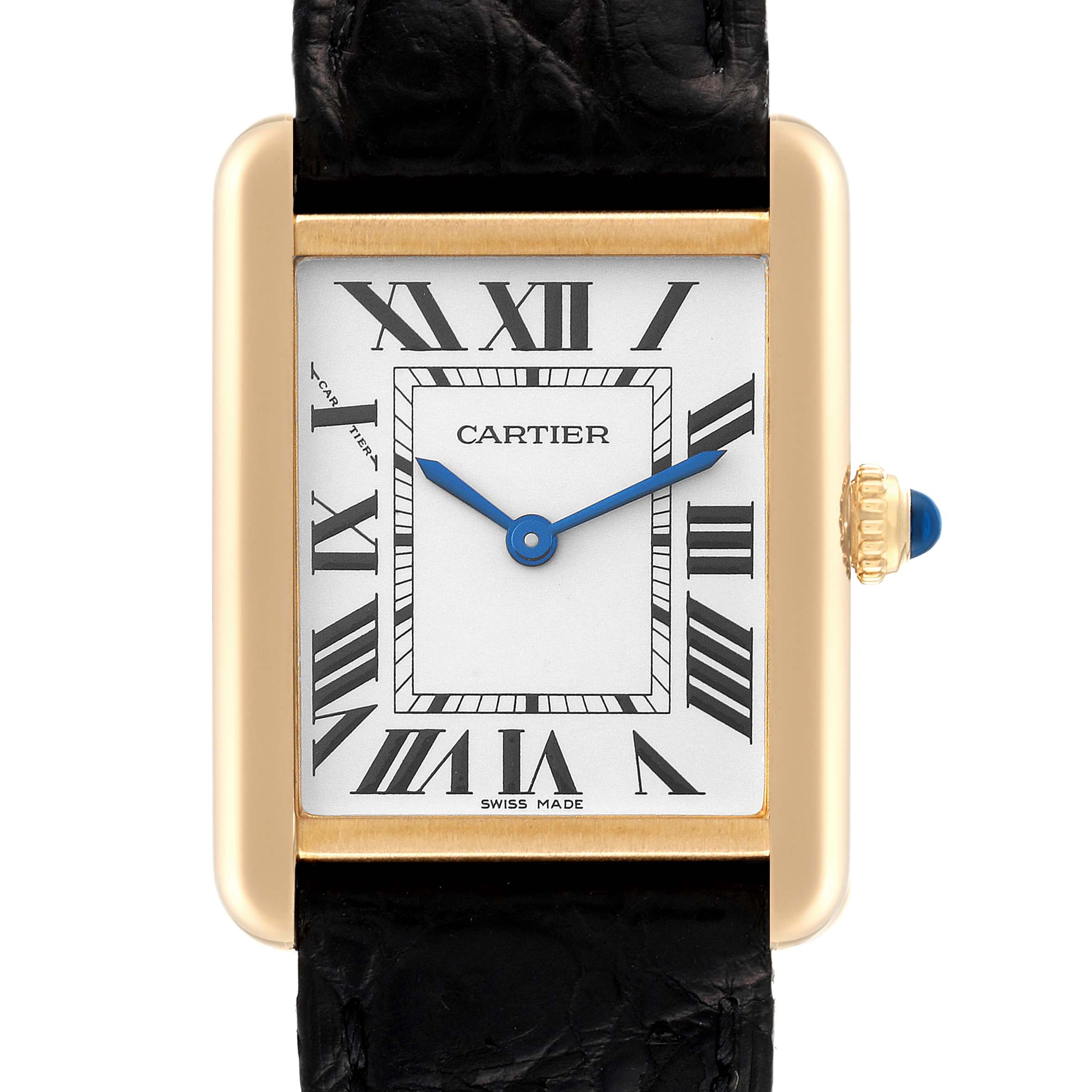 This image shows a front view of the Cartier Tank Solo W5200002 Women's Yellow Gold Silver Dial W5200002 Women's Yellow Gold Silver Dial watch, highlighting its rectangular face, Roman numerals, and leather strap.