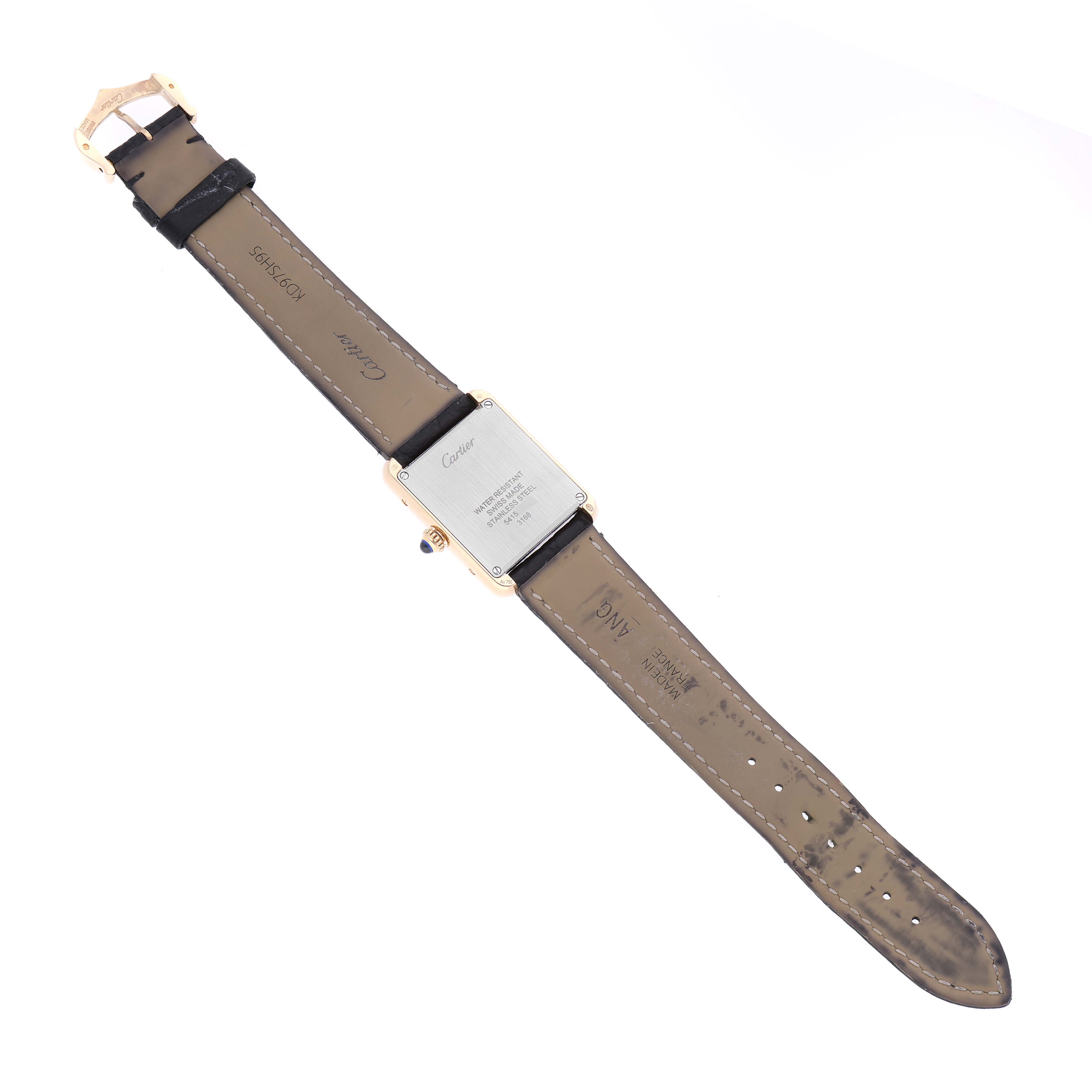 The image shows the back view of a Cartier Tank Solo W5200002 Women's Yellow Gold Silver Dial W5200002 Women's Yellow Gold Silver Dial watch, displaying the case back, strap, and buckle.