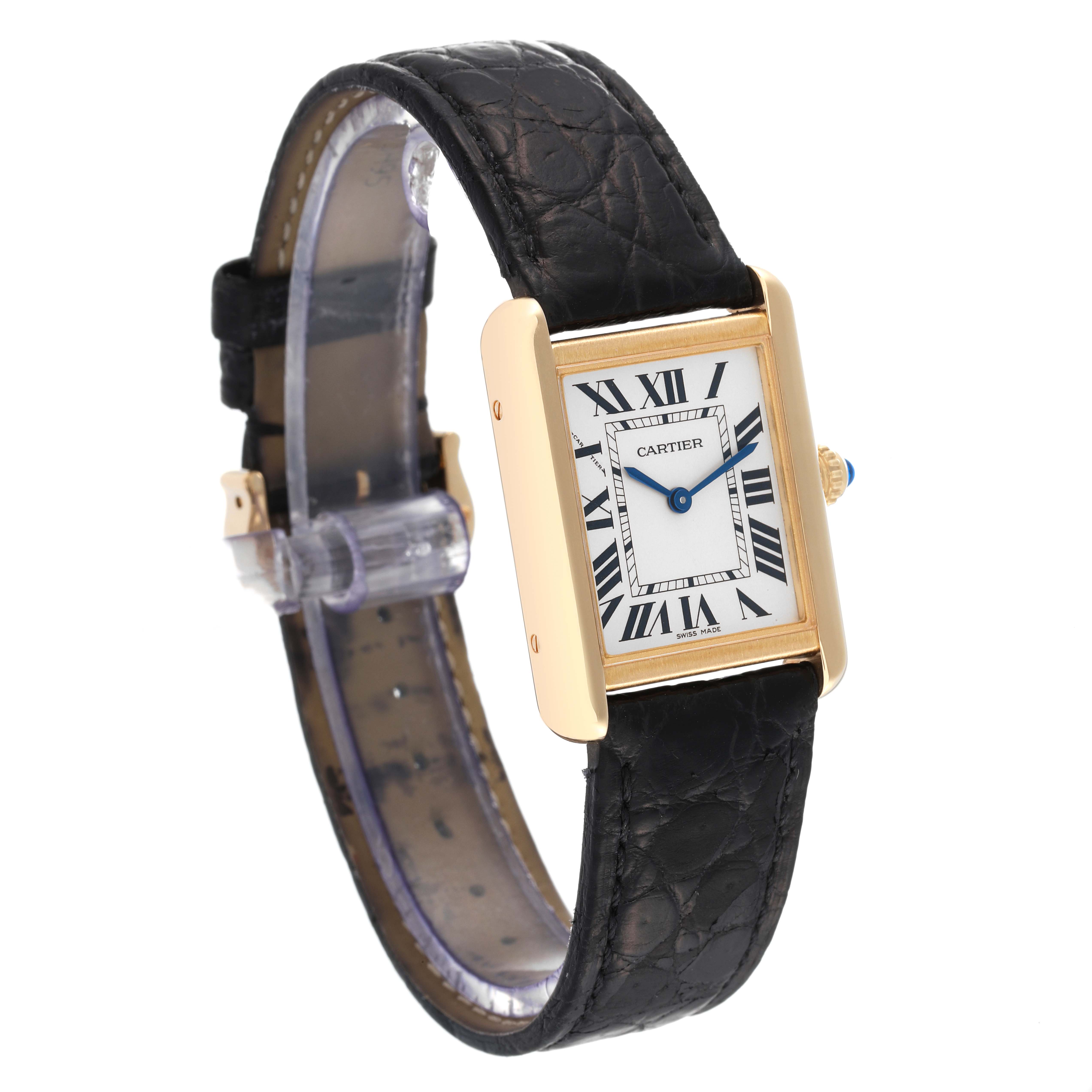 This image shows a side angle of the Cartier Tank Solo W5200002 Women's Yellow Gold Silver Dial W5200002 Women's Yellow Gold Silver Dial watch, featuring its rectangular face, leather strap, and Roman numeral dial.