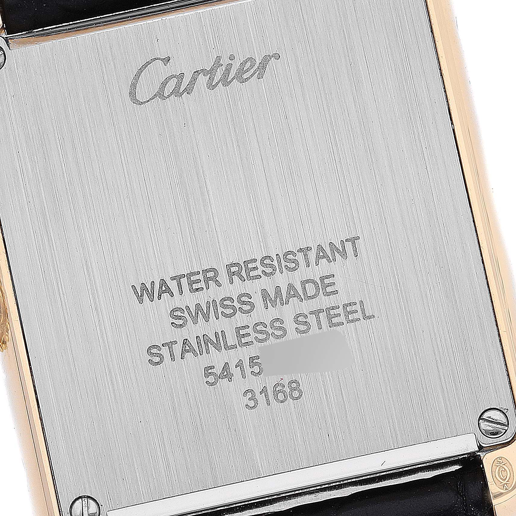 The image shows the back case of a Cartier Tank Solo W5200002 Women's Yellow Gold Silver Dial W5200002 Women's Yellow Gold Silver Dial watch, highlighting the brand, water resistance, and material details.