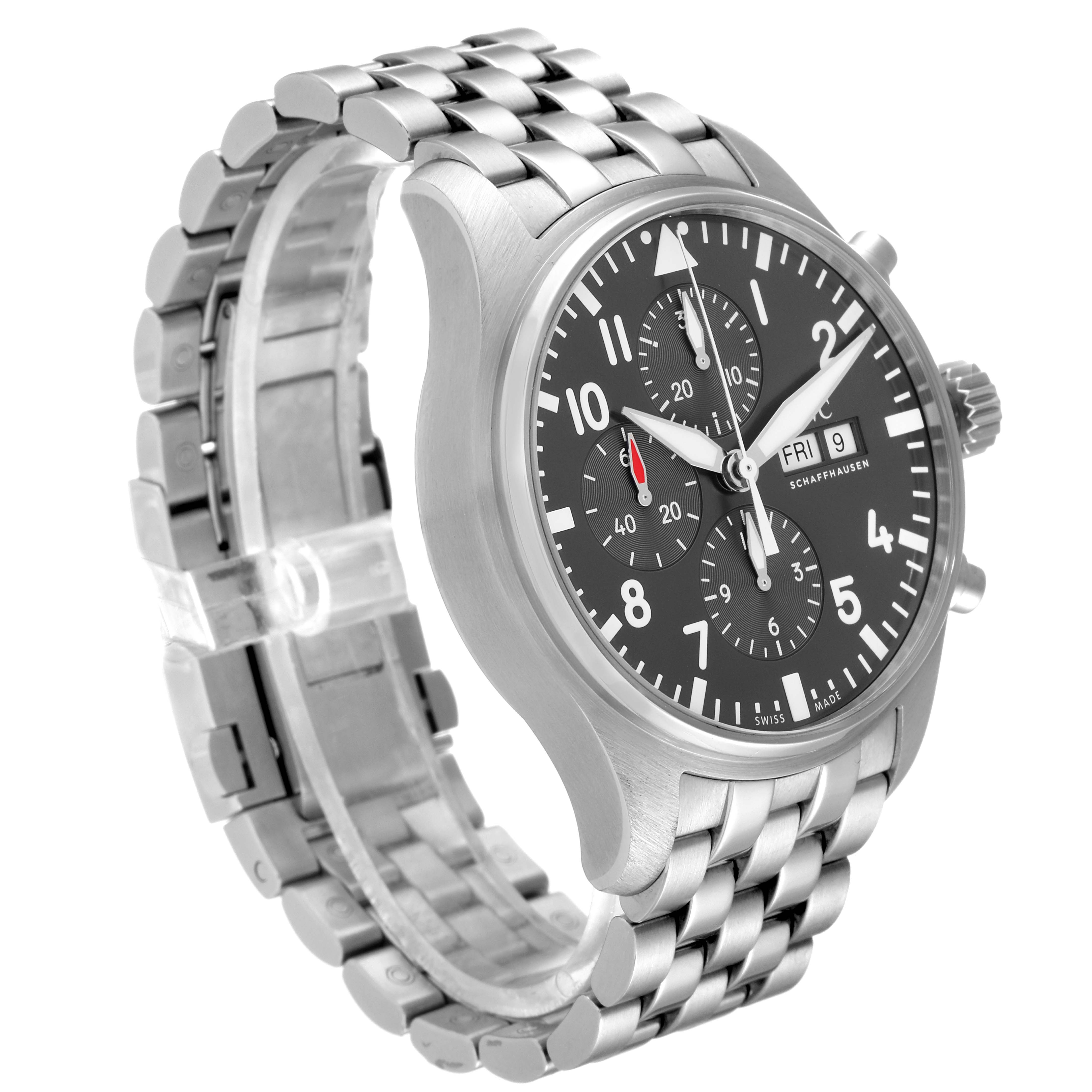 The image shows an IWC Pilot IW388102 Men's Stainless Steel Grey Dial IW388102 Men's Stainless Steel Grey Dial model watch from the front-left angle, highlighting the face, bezel, and bracelet.