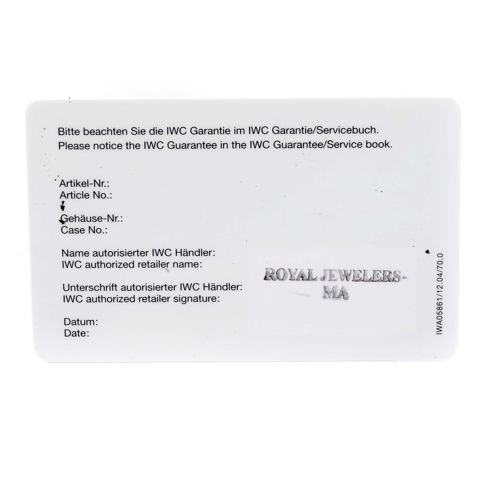 This is a warranty card for the IWC Pilot IW388102 Men's Stainless Steel Grey Dial IW388102 Men's Stainless Steel Grey Dial model watch, providing details like Article No., Case No., and retailer information.