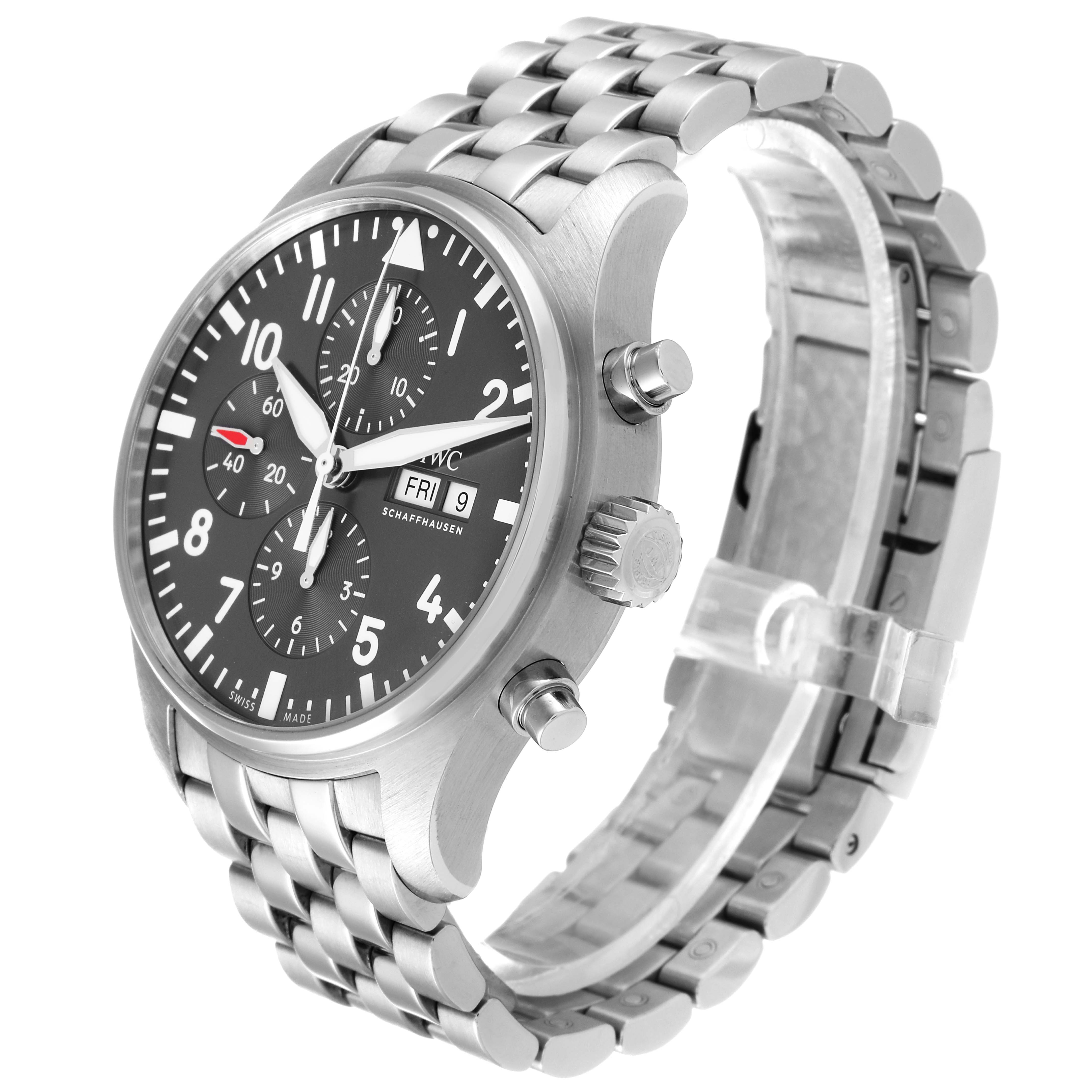 The image shows an angled view of the IWC Pilot IW388102 Men's Stainless Steel Grey Dial IW388102 Men's Stainless Steel Grey Dial model watch displaying its face, crown, pushers, and metal bracelet.