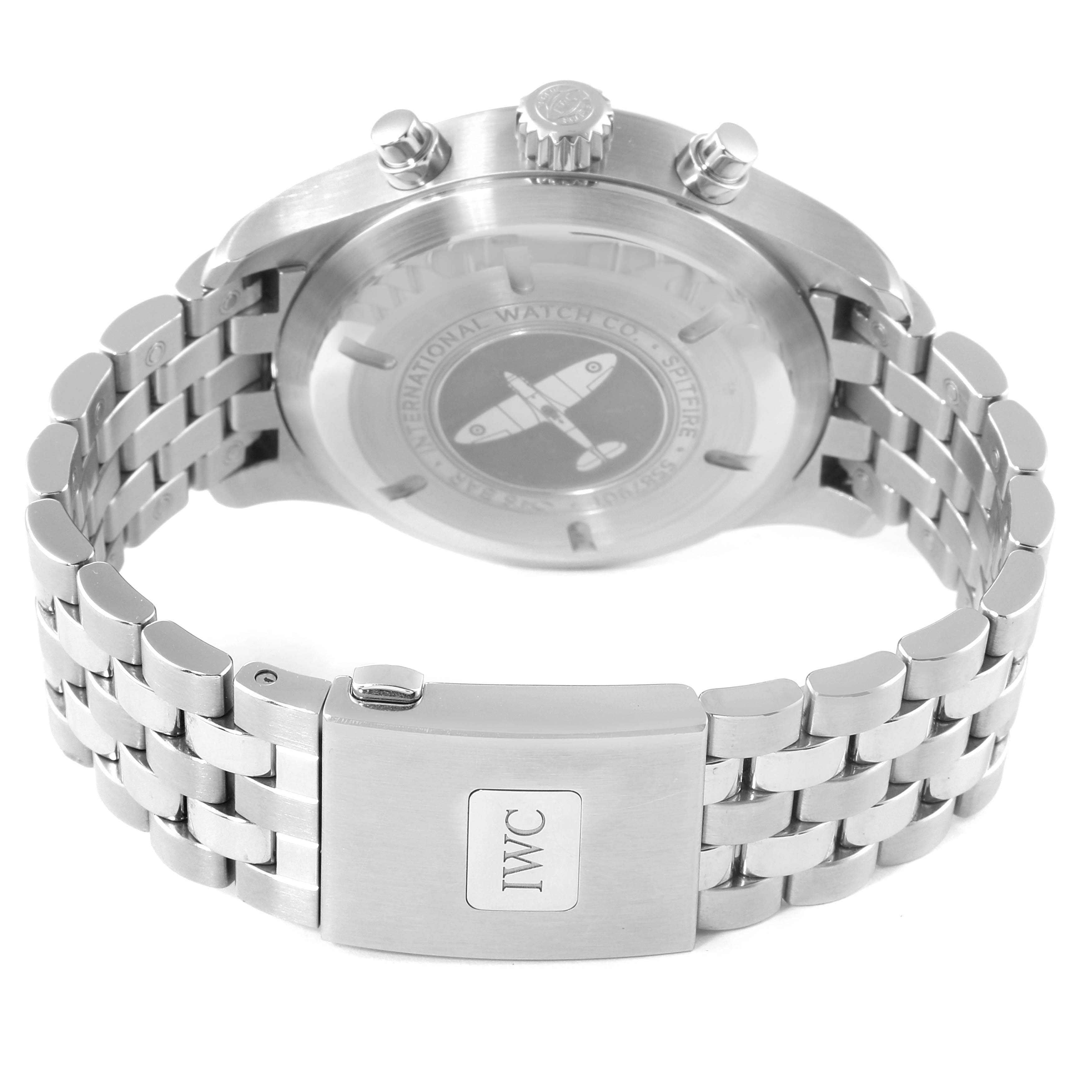 The image shows the back case and bracelet of the IWC Pilot IW388102 Men's Stainless Steel Grey Dial IW388102 Men's Stainless Steel Grey Dial model watch.