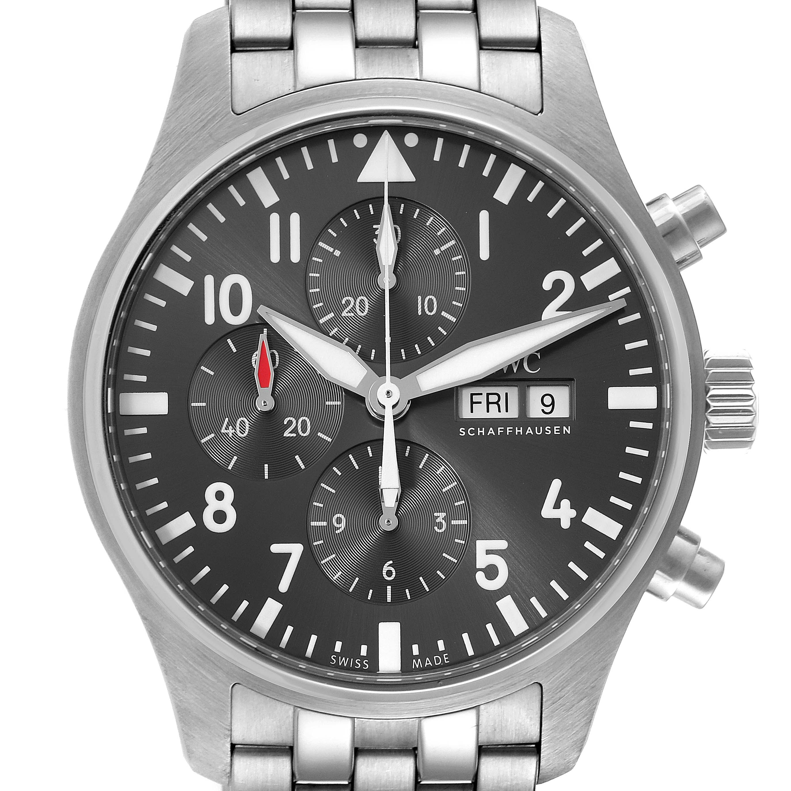 The image shows a frontal view of an IWC Pilot IW388102 Men's Stainless Steel Grey Dial IW388102 Men's Stainless Steel Grey Dial model watch, highlighting the dial, hands, subdials, and bracelet.