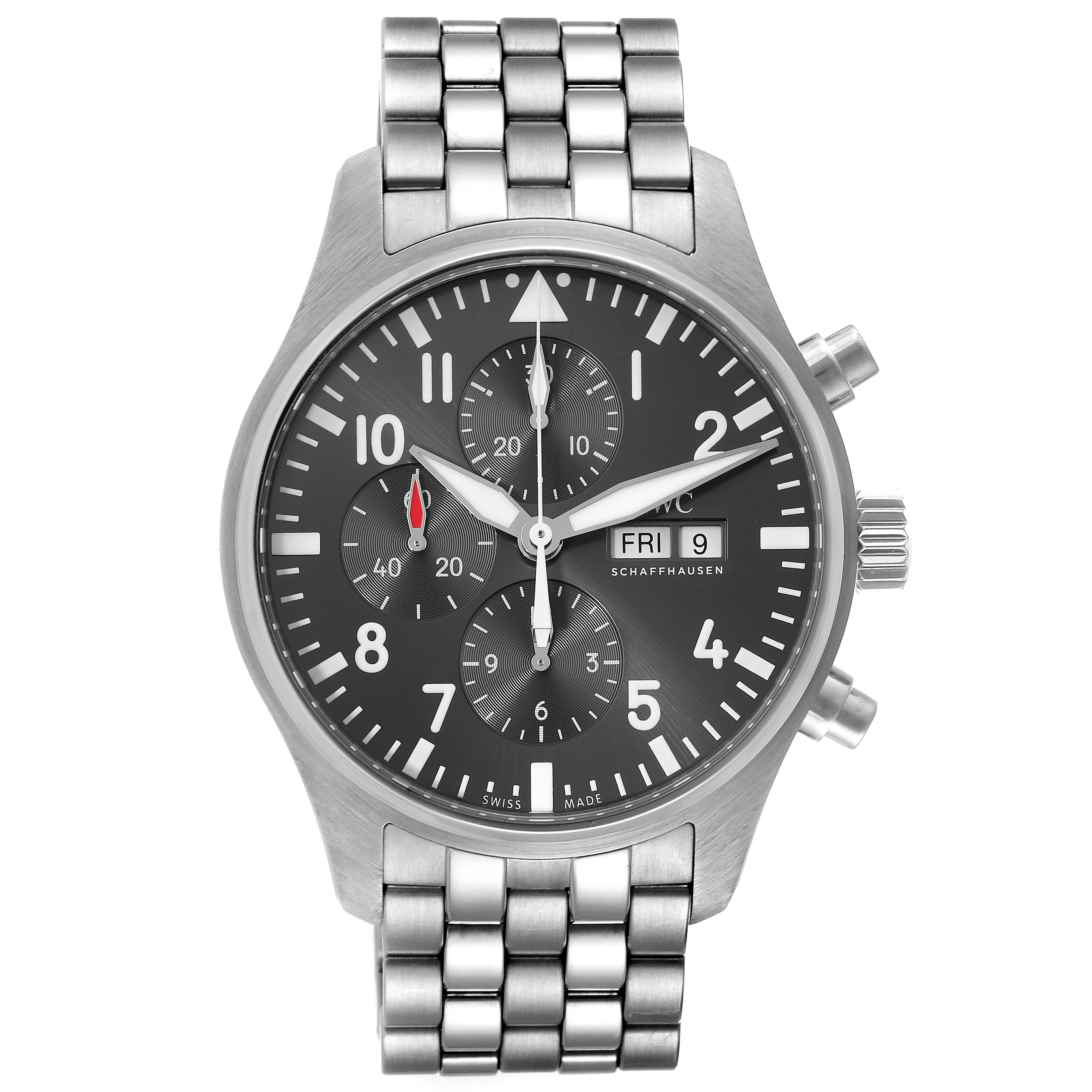 The image shows a front view of the IWC Pilot IW388102 Men's Stainless Steel Grey Dial IW388102 Men's Stainless Steel Grey Dial model watch, featuring its face, crown, and bracelet.