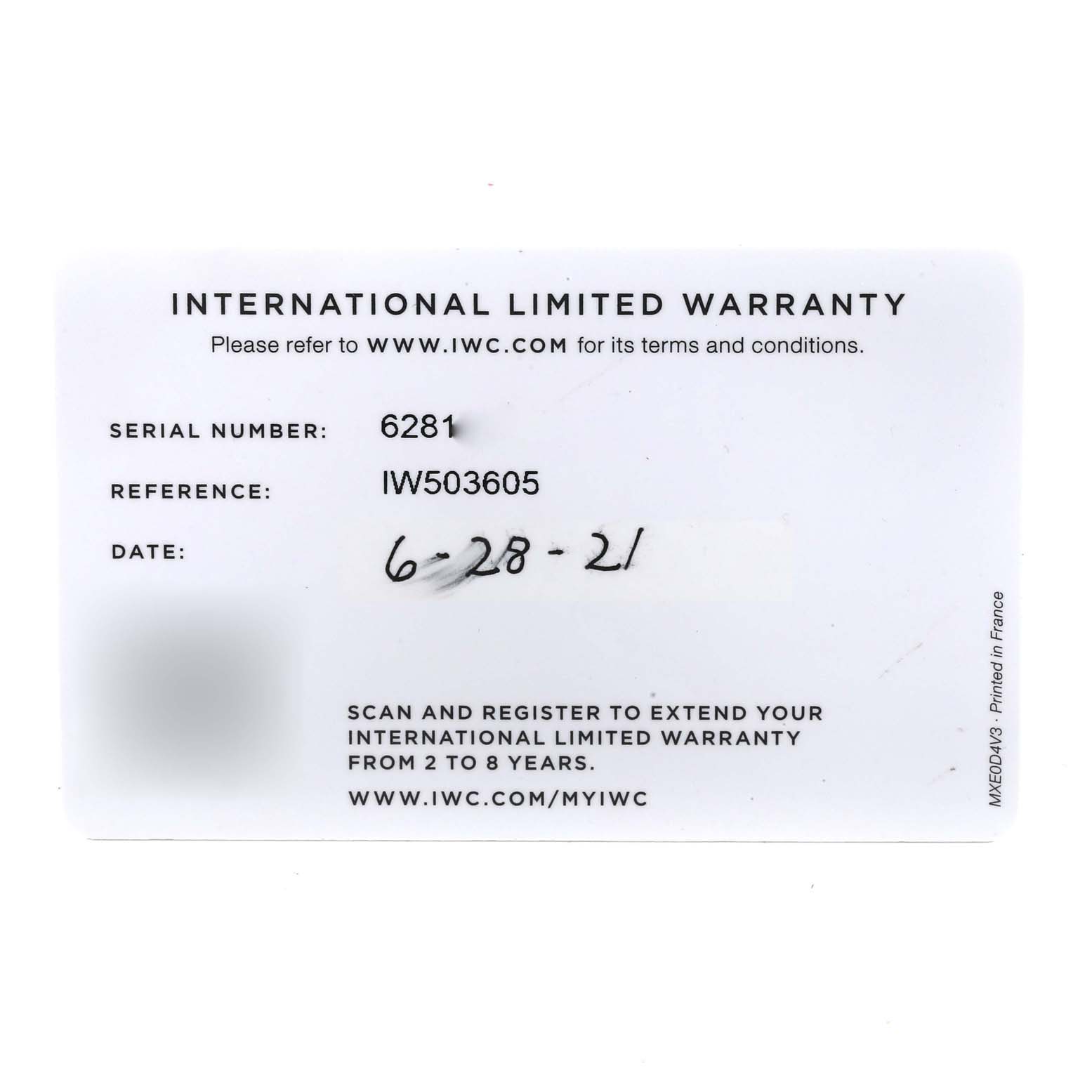 The image shows an International Limited Warranty card for the IWC Pilot IW503605 Men's Stainless Steel Blue Dial IW503605 Men's Stainless Steel Blue Dial model watch.