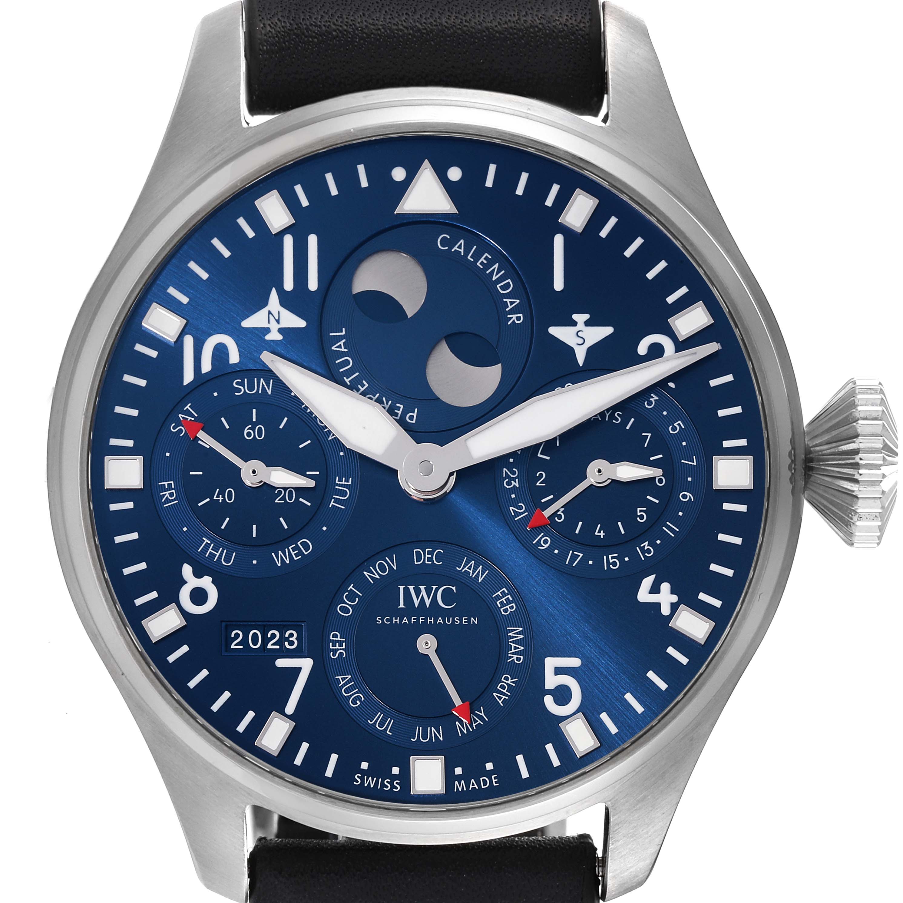 The IWC Pilot IW503605 Men's Stainless Steel Blue Dial IW503605 Men's Stainless Steel Blue Dial model watch is shown from a front angle, highlighting its blue dial, calendar, moon phase indicators, and black strap.
