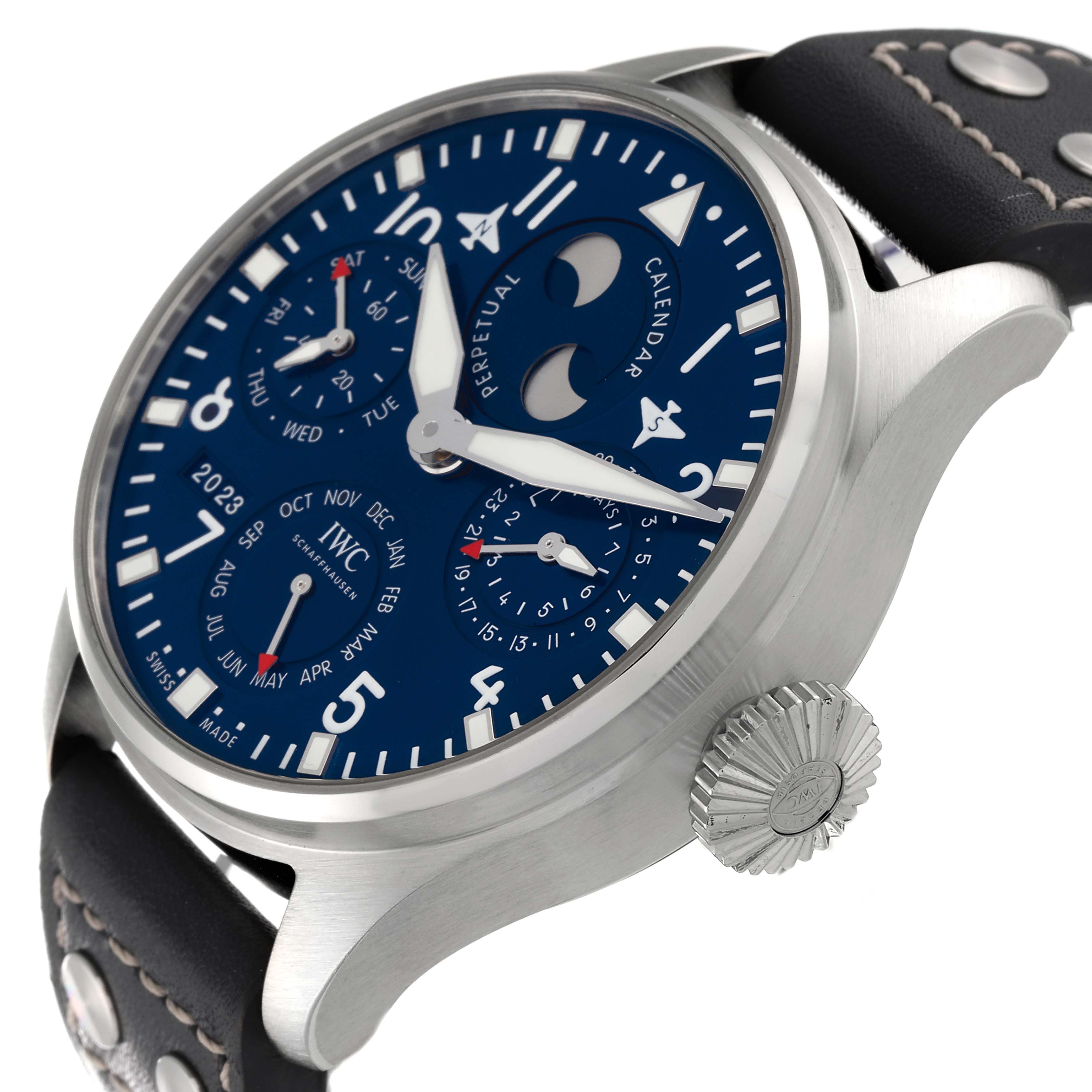 The image shows an angled view of the dial and crown of an IWC Pilot IW503605 Men's Stainless Steel Blue Dial IW503605 Men's Stainless Steel Blue Dial model watch, highlighting its detailed perpetual calendar functions.