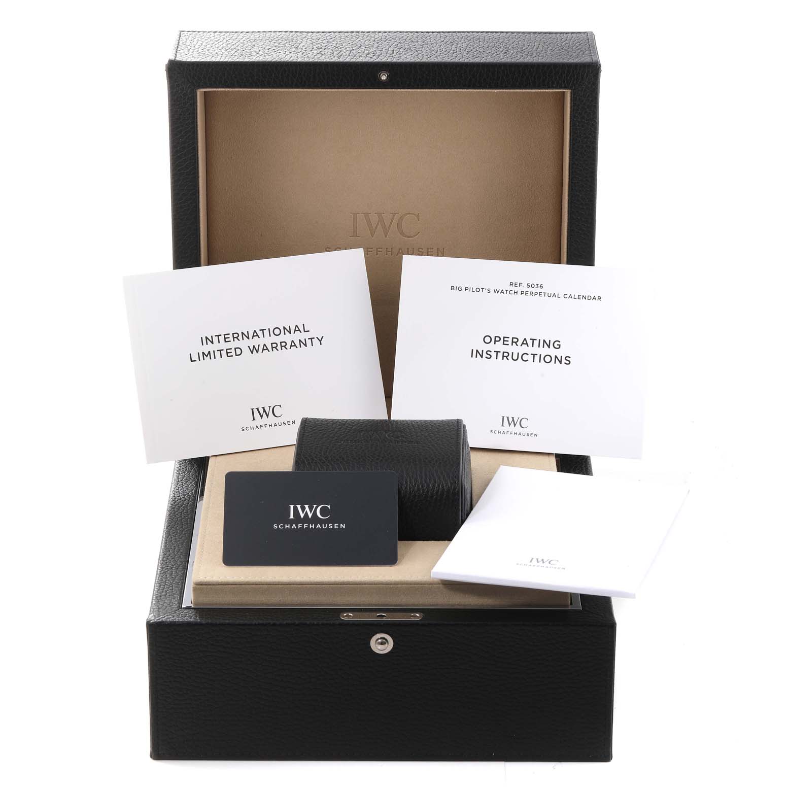 This image shows the IWC Pilot IW503605 Men's Stainless Steel Blue Dial IW503605 Men's Stainless Steel Blue Dial watch's box with warranty card, operating instructions, and limited warranty booklet.
