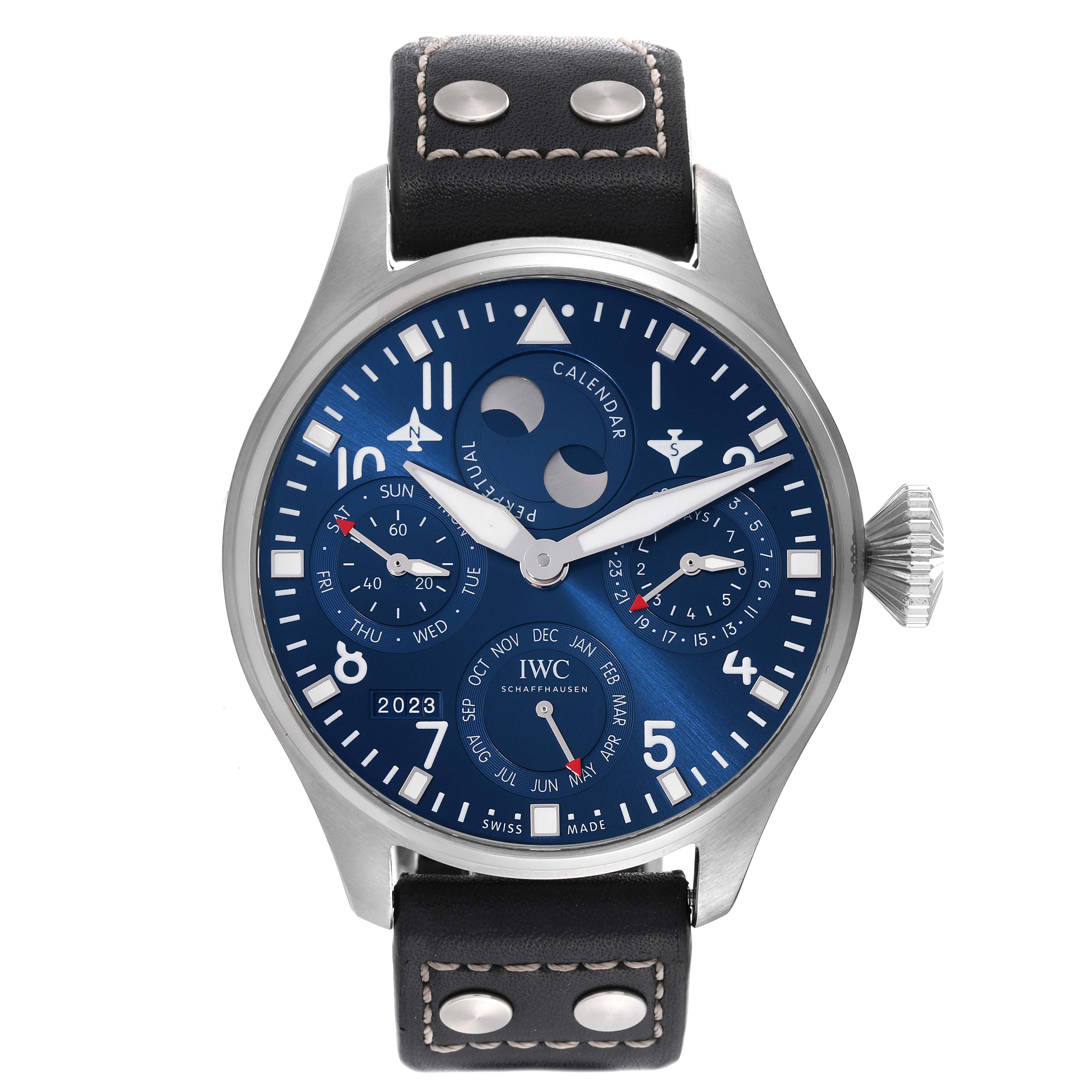 The image shows a front view of the IWC Pilot IW503605 Men's Stainless Steel Blue Dial IW503605 Men's Stainless Steel Blue Dial model watch, highlighting the dial, hands, and leather strap with rivets.
