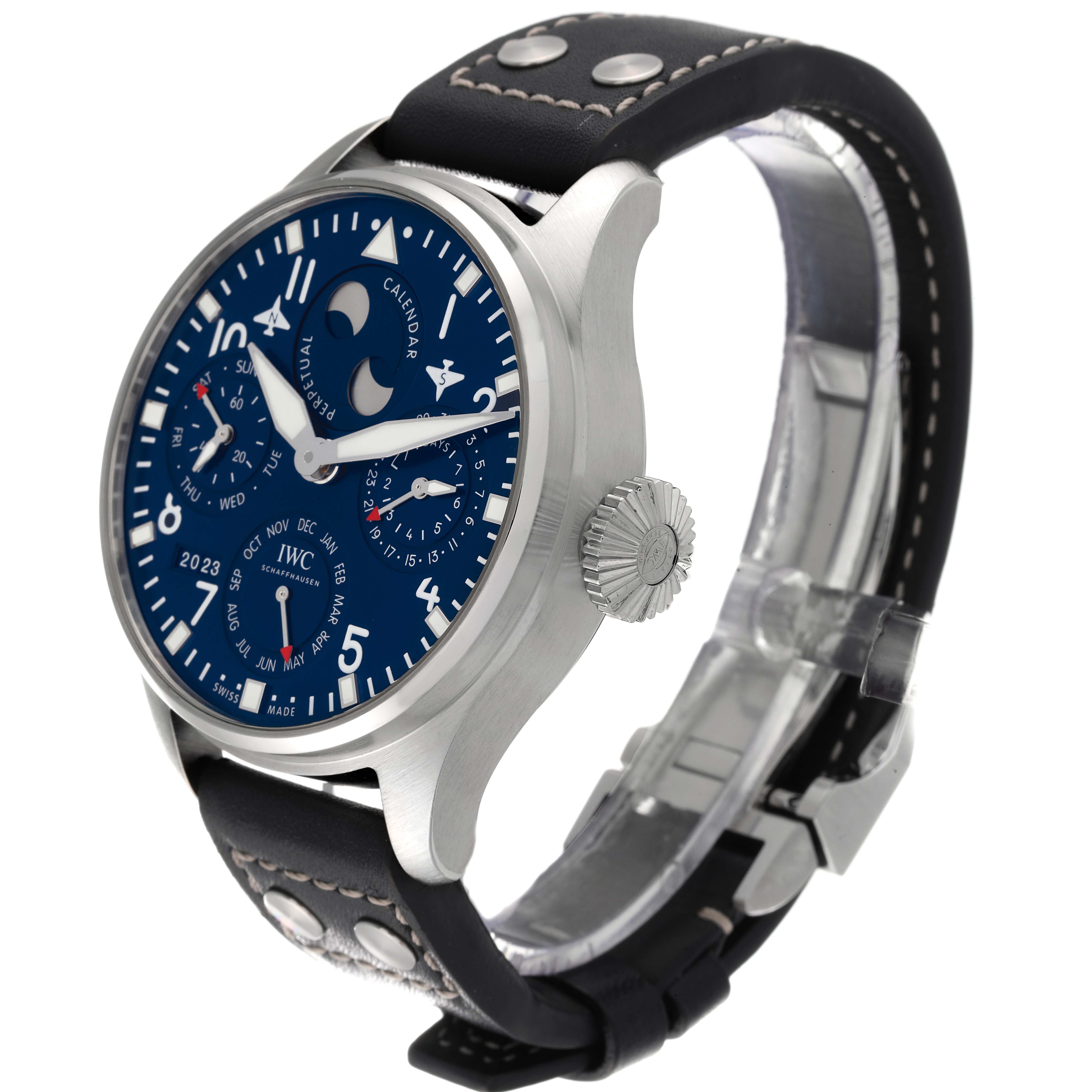 The IWC Pilot IW503605 Men's Stainless Steel Blue Dial IW503605 Men's Stainless Steel Blue Dial watch is shown from a slight right angle, displaying the face, crown, and leather strap.
