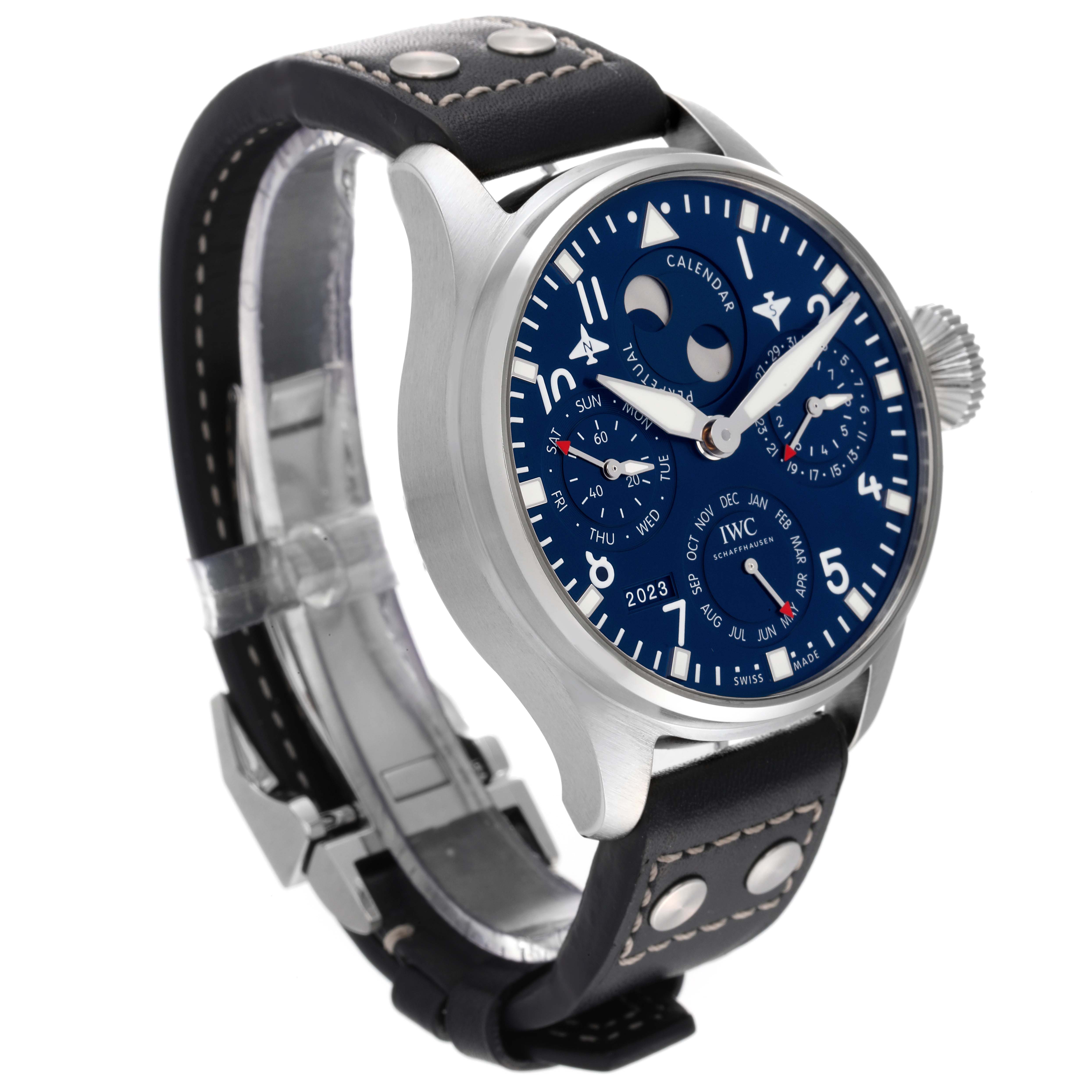 The image shows an IWC Pilot IW503605 Men's Stainless Steel Blue Dial IW503605 Men's Stainless Steel Blue Dial model watch at a 3/4 angle, highlighting its face, bezel, and partially opened leather strap.