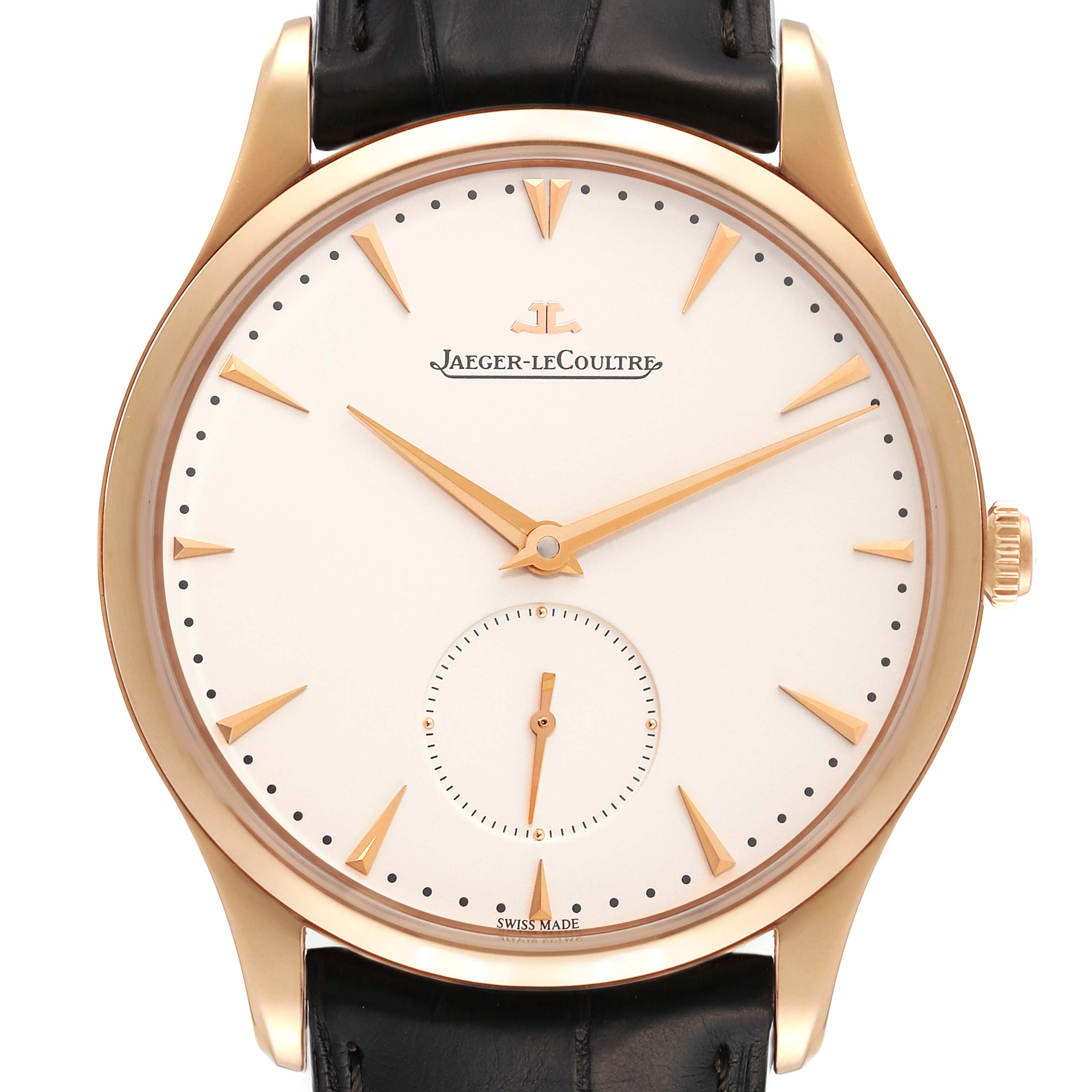 The image shows a front view of the Jaeger LeCoultre Master Q1352520 Men's Rose Gold Beige Dial Q1352520 Men's Rose Gold Beige Dial model watch, highlighting its face, hands, and leather strap.