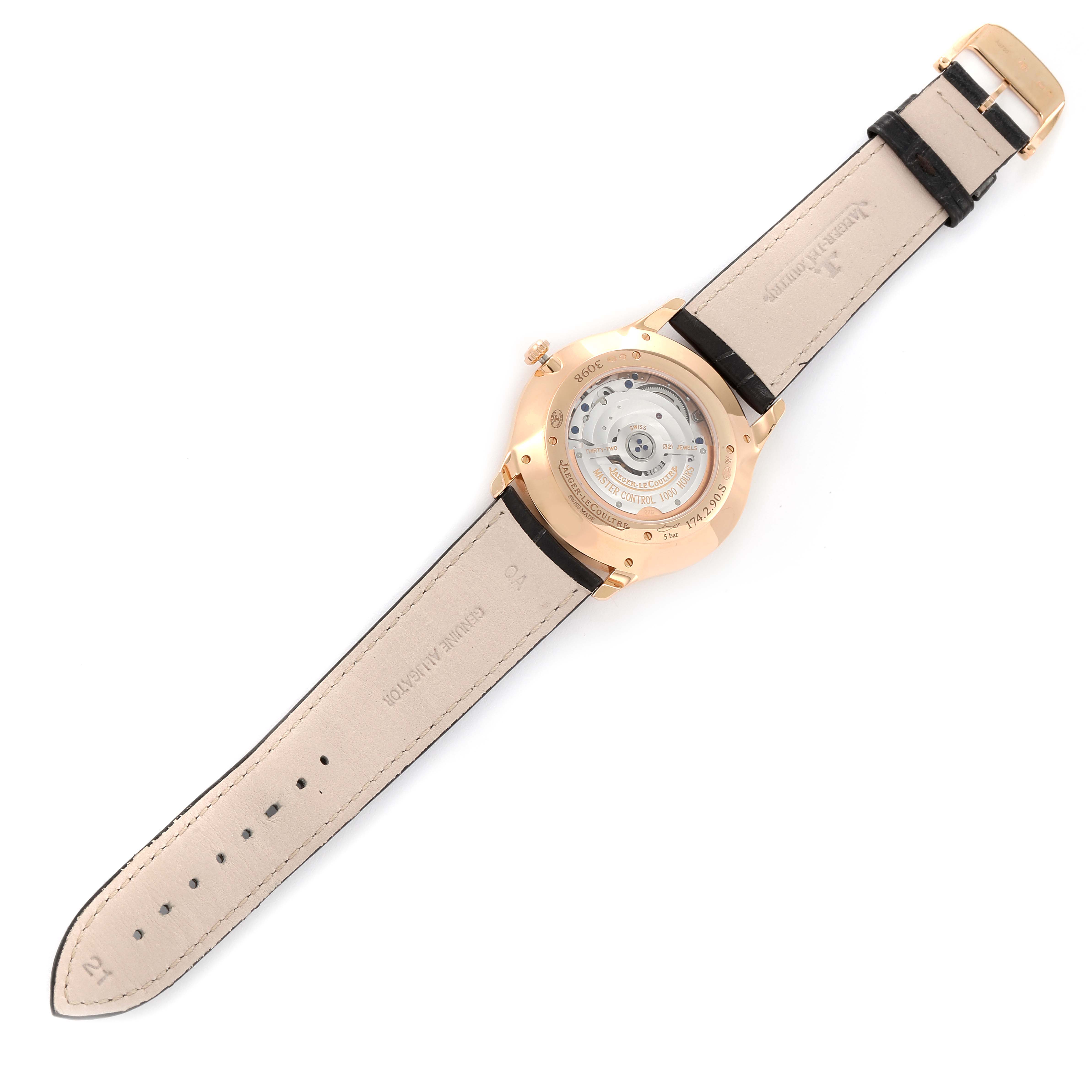 This image shows the back view of the Jaeger-LeCoultre Master model watch, highlighting its movement and leather strap.