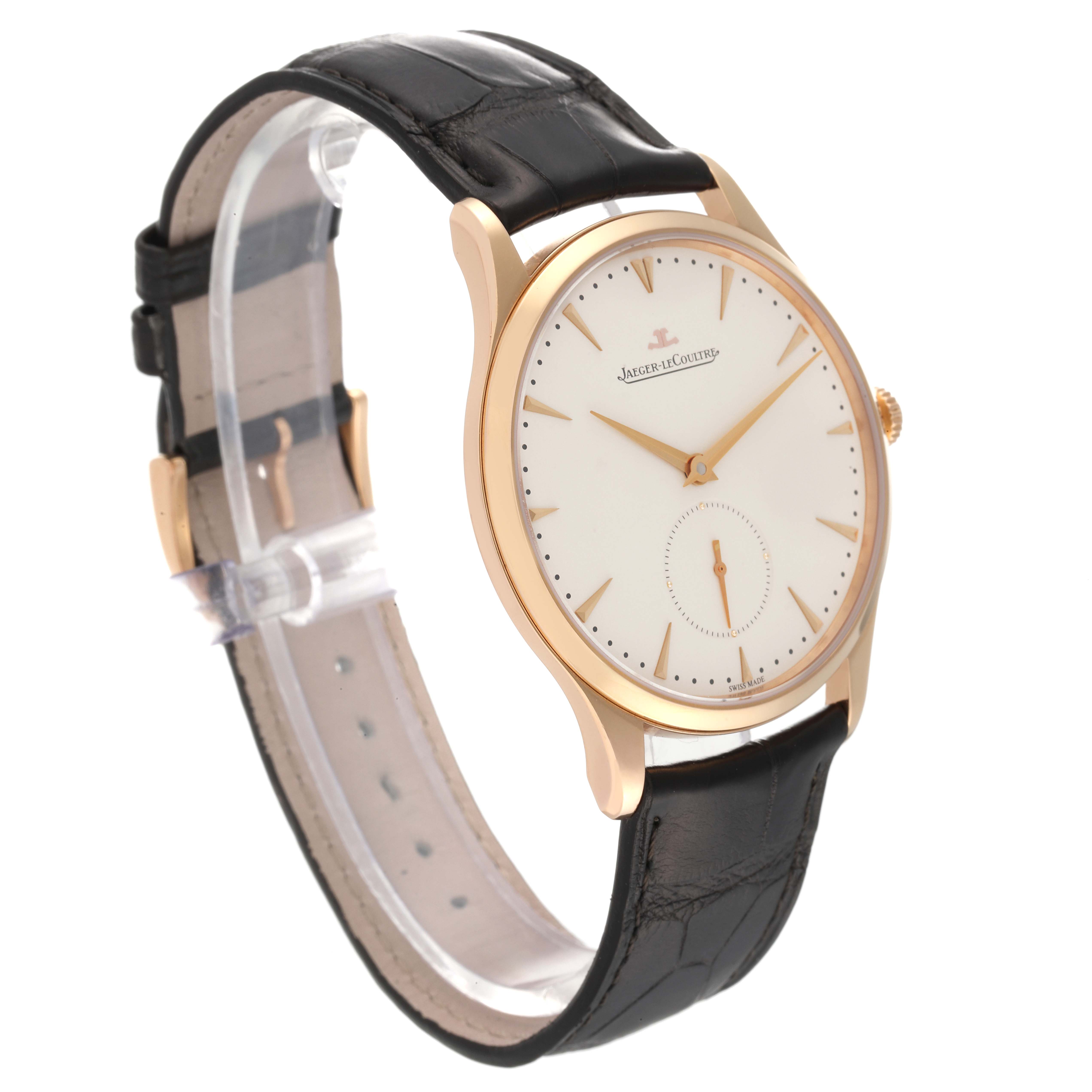 The Jaeger LeCoultre Master Q1352520 Men's Rose Gold Beige Dial Q1352520 Men's Rose Gold Beige Dial model watch is shown at a front-left angle, highlighting its face and black leather strap.