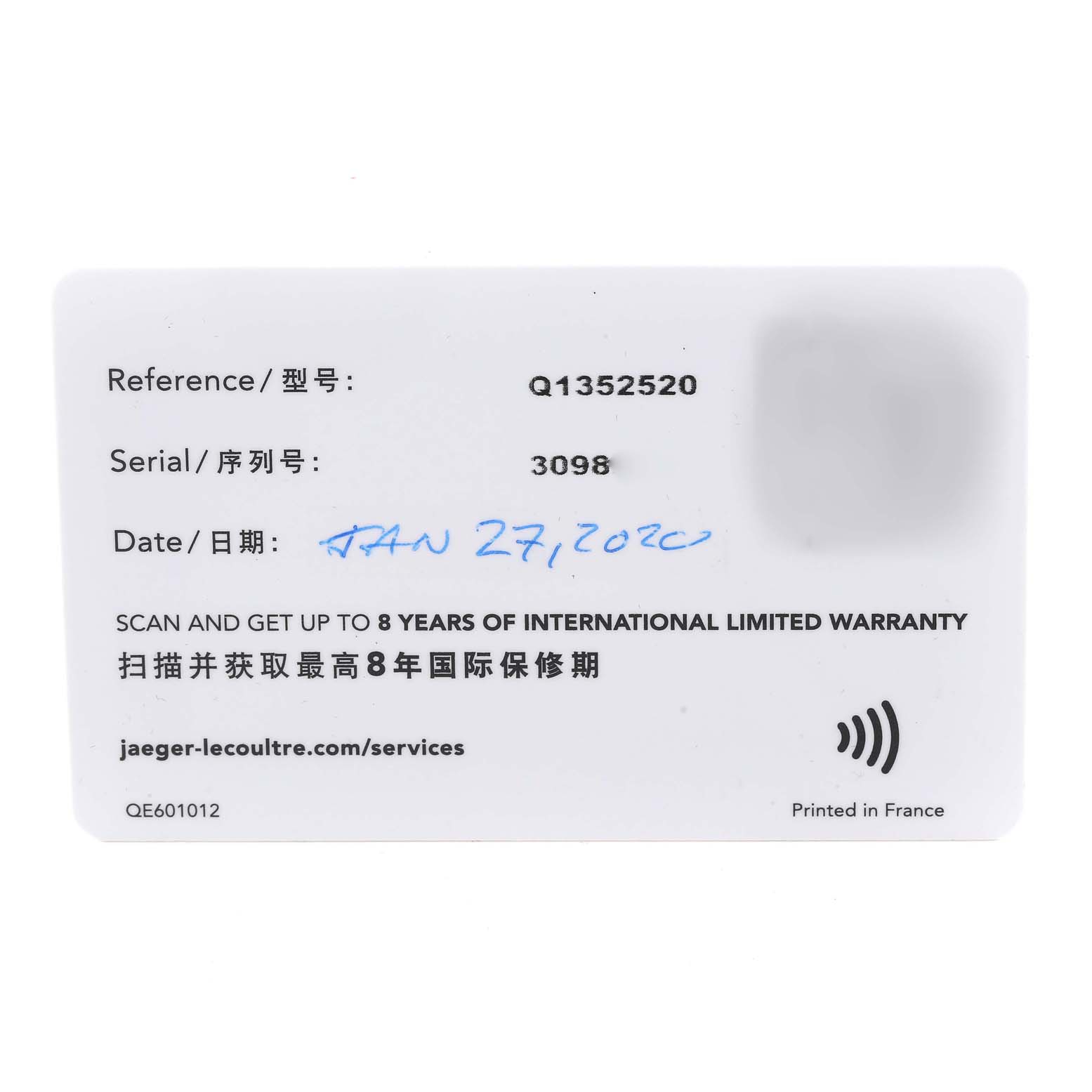 The image shows a warranty card for the Jaeger-LeCoultre Master model watch, displaying reference, serial number, and date details.