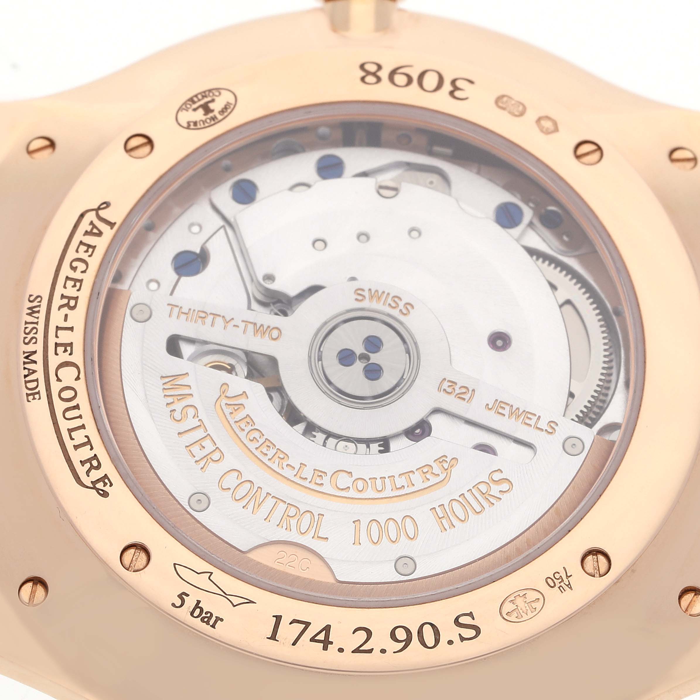 The image shows the back view of the Jaeger-LeCoultre Master model, highlighting its movement and intricate details.