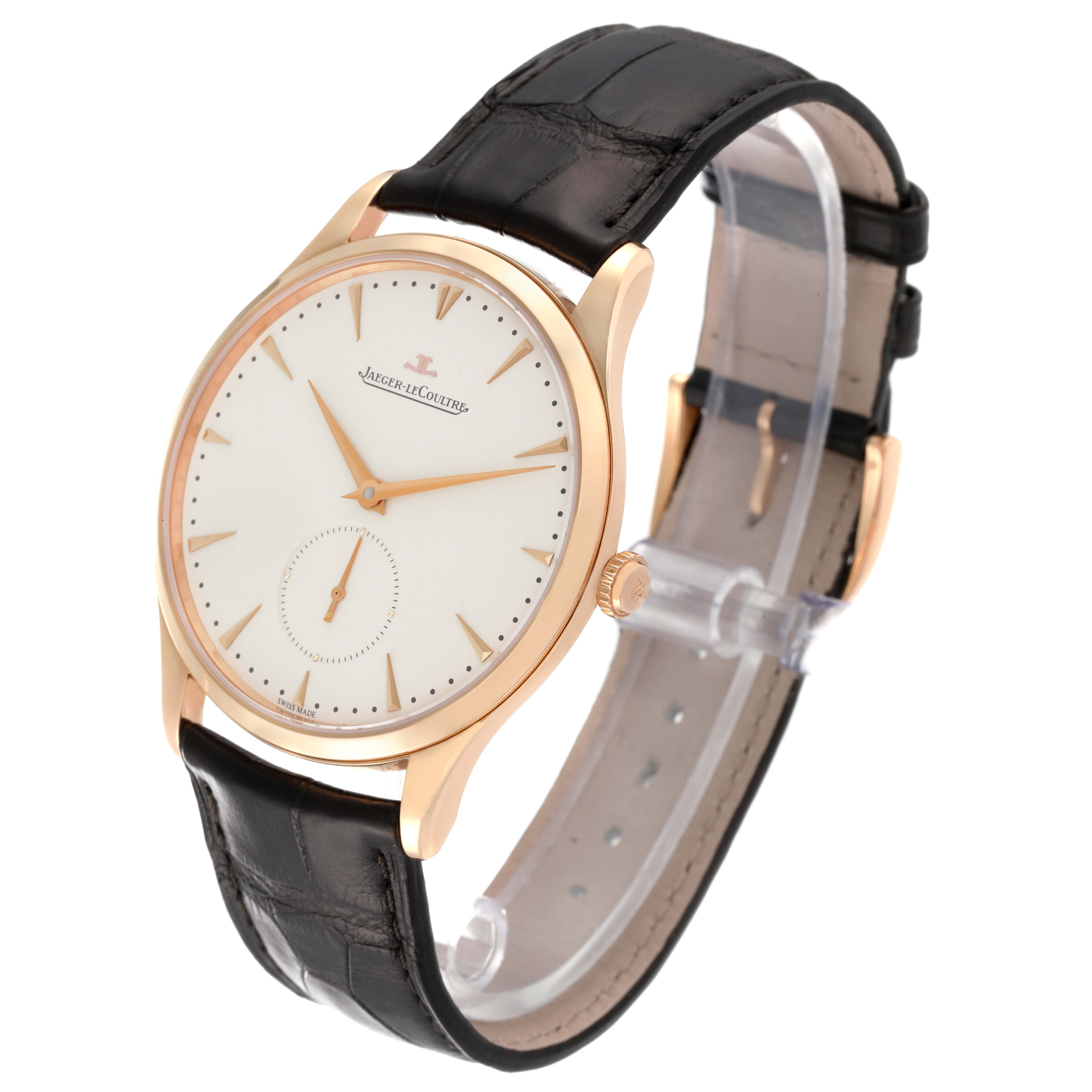 The image shows a Jaeger LeCoultre Master Q1352520 Men's Rose Gold Beige Dial Q1352520 Men's Rose Gold Beige Dial model watch at a three-quarter angle, highlighting its dial, hands, crown, and strap.