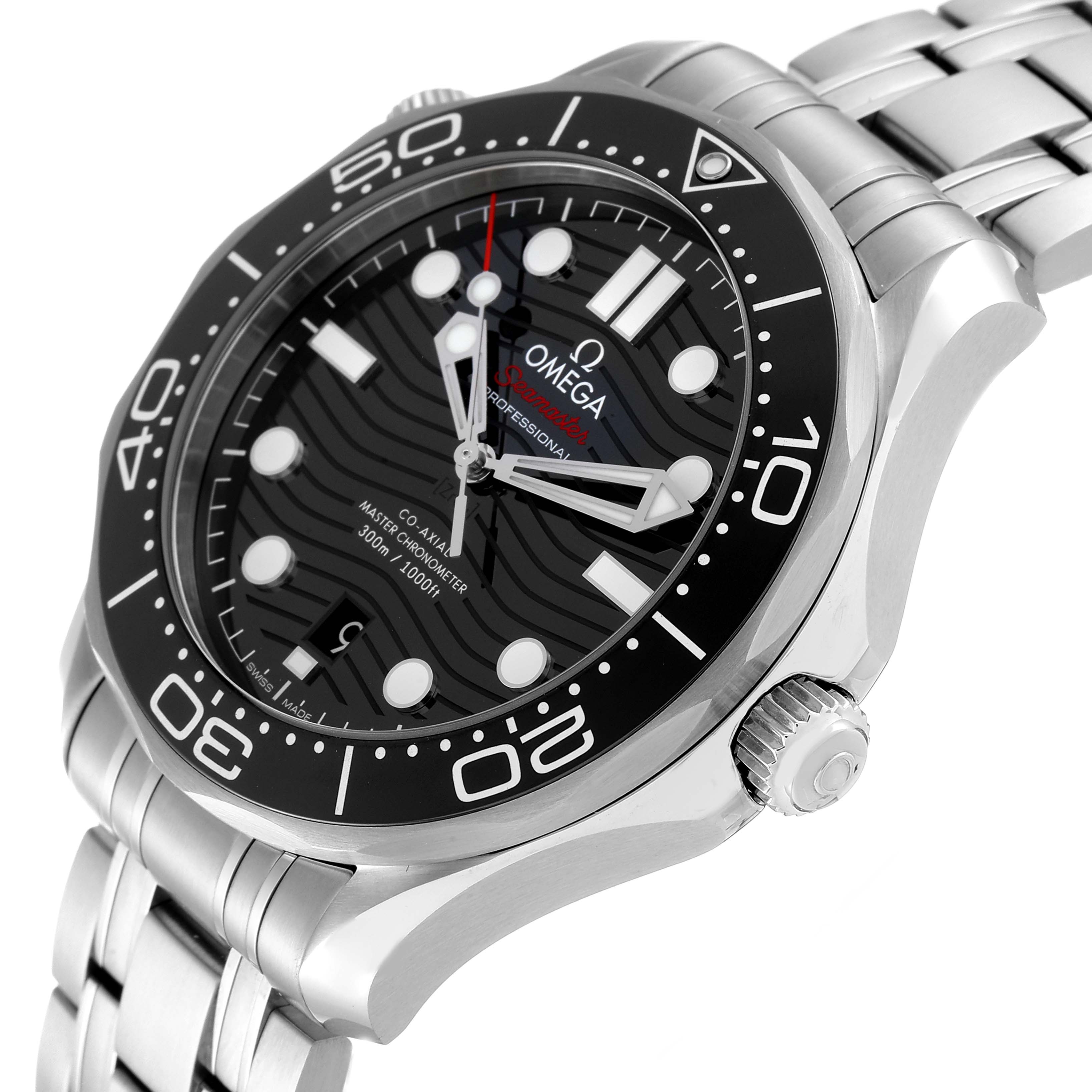 This Omega Seamaster 210.30.42.20.01.001 Men's Stainless Steel Black Dial 210.30.42.20.01.001 Men's Stainless Steel Black Dial watch is shown at a slight angle, featuring its face, crown, and part of the stainless steel bracelet.