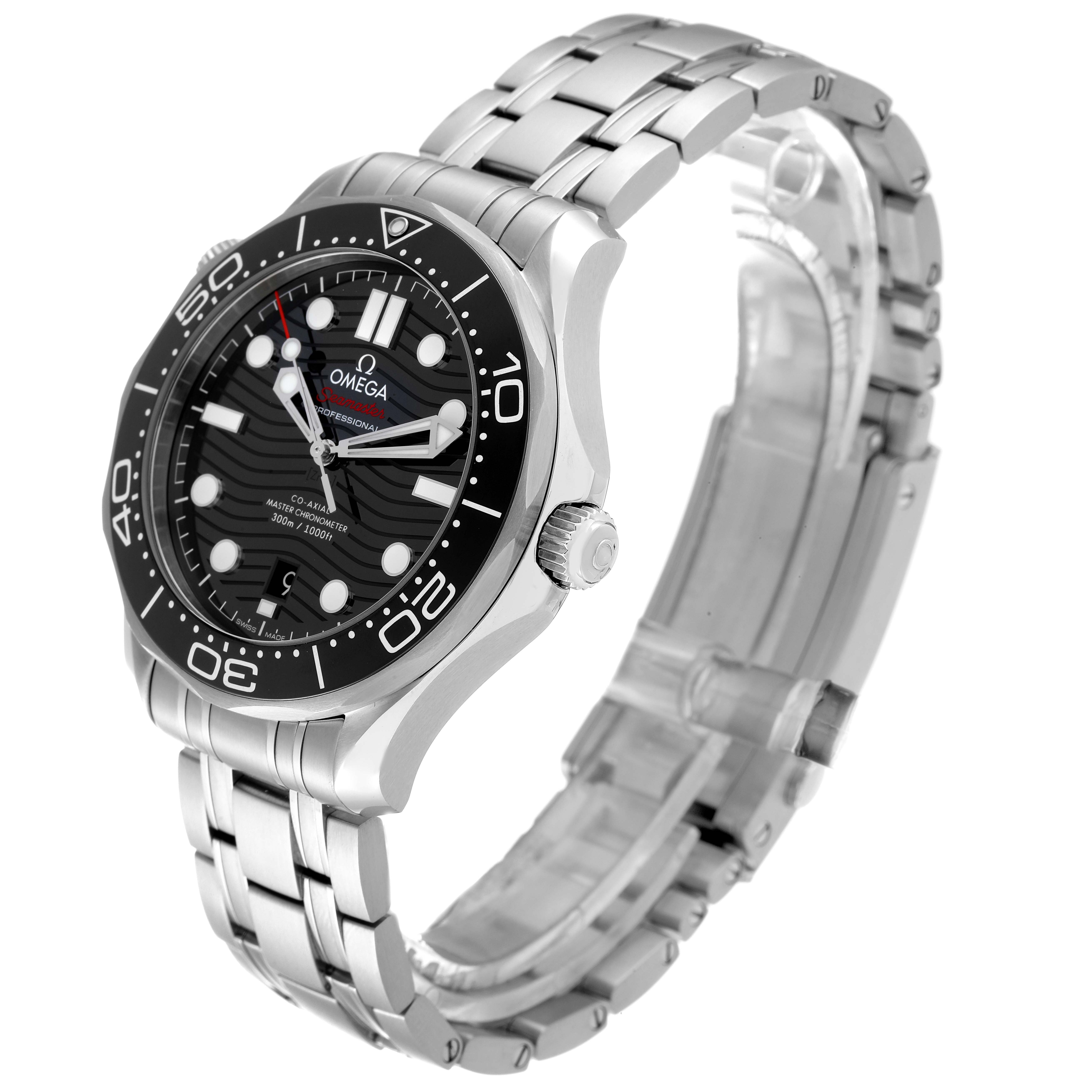 The Omega Seamaster 210.30.42.20.01.001 Men's Stainless Steel Black Dial 210.30.42.20.01.001 Men's Stainless Steel Black Dial watch is shown at a three-quarter angle, highlighting its dial, bezel, crown, and bracelet.