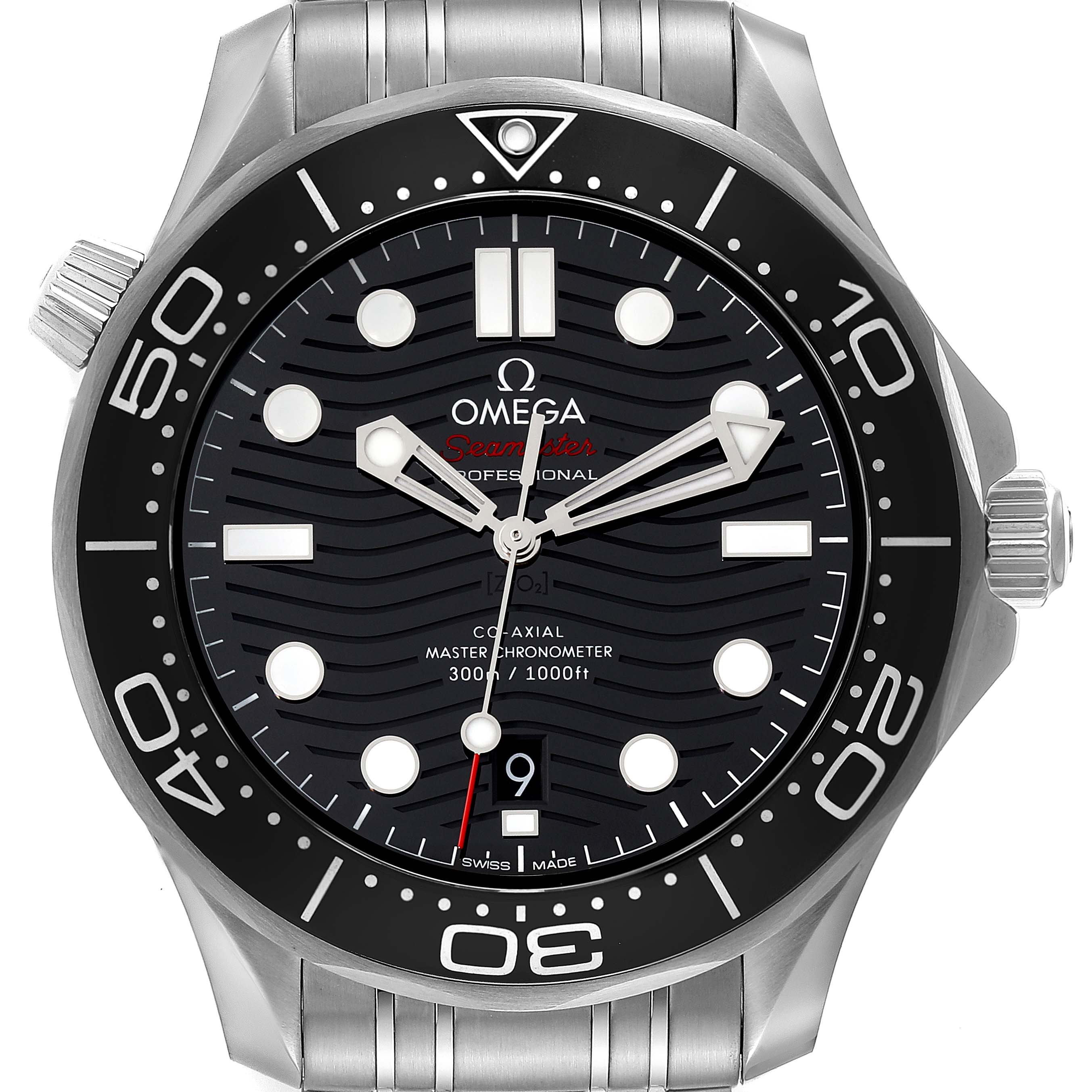 The image shows a front view of the Omega Seamaster 210.30.42.20.01.001 Men's Stainless Steel Black Dial 210.30.42.20.01.001 Men's Stainless Steel Black Dial watch including the bezel, dial, crown, and part of the bracelet.