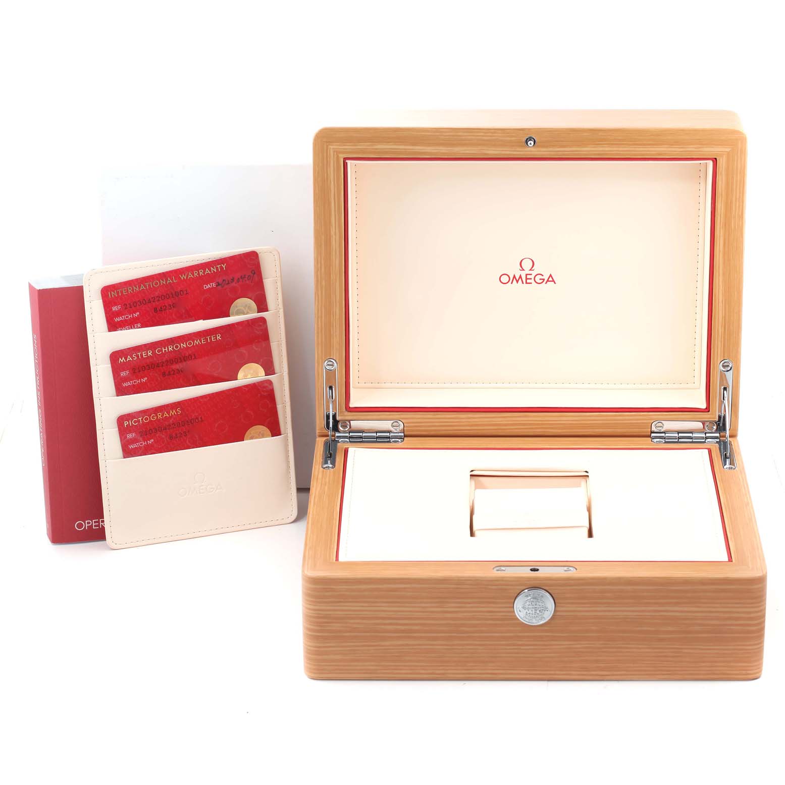 The image shows an open Omega Seamaster 210.30.42.20.01.001 Men's Stainless Steel Black Dial 210.30.42.20.01.001 Men's Stainless Steel Black Dial wooden watch box with warranty cards and a user manual.