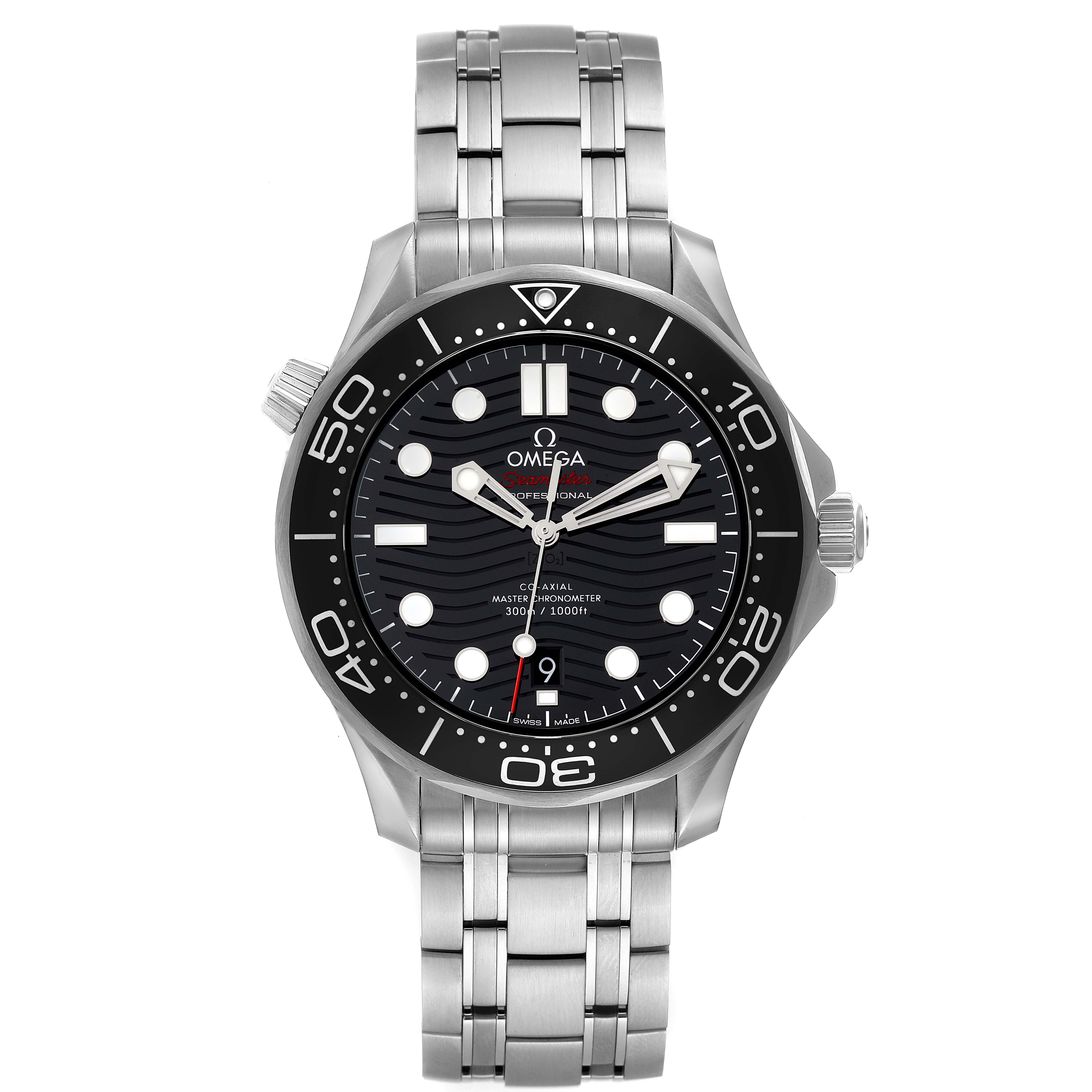 The image shows a front view of the Omega Seamaster 210.30.42.20.01.001 Men's Stainless Steel Black Dial 210.30.42.20.01.001 Men's Stainless Steel Black Dial watch, depicting its face, bezel, hands, and bracelet.