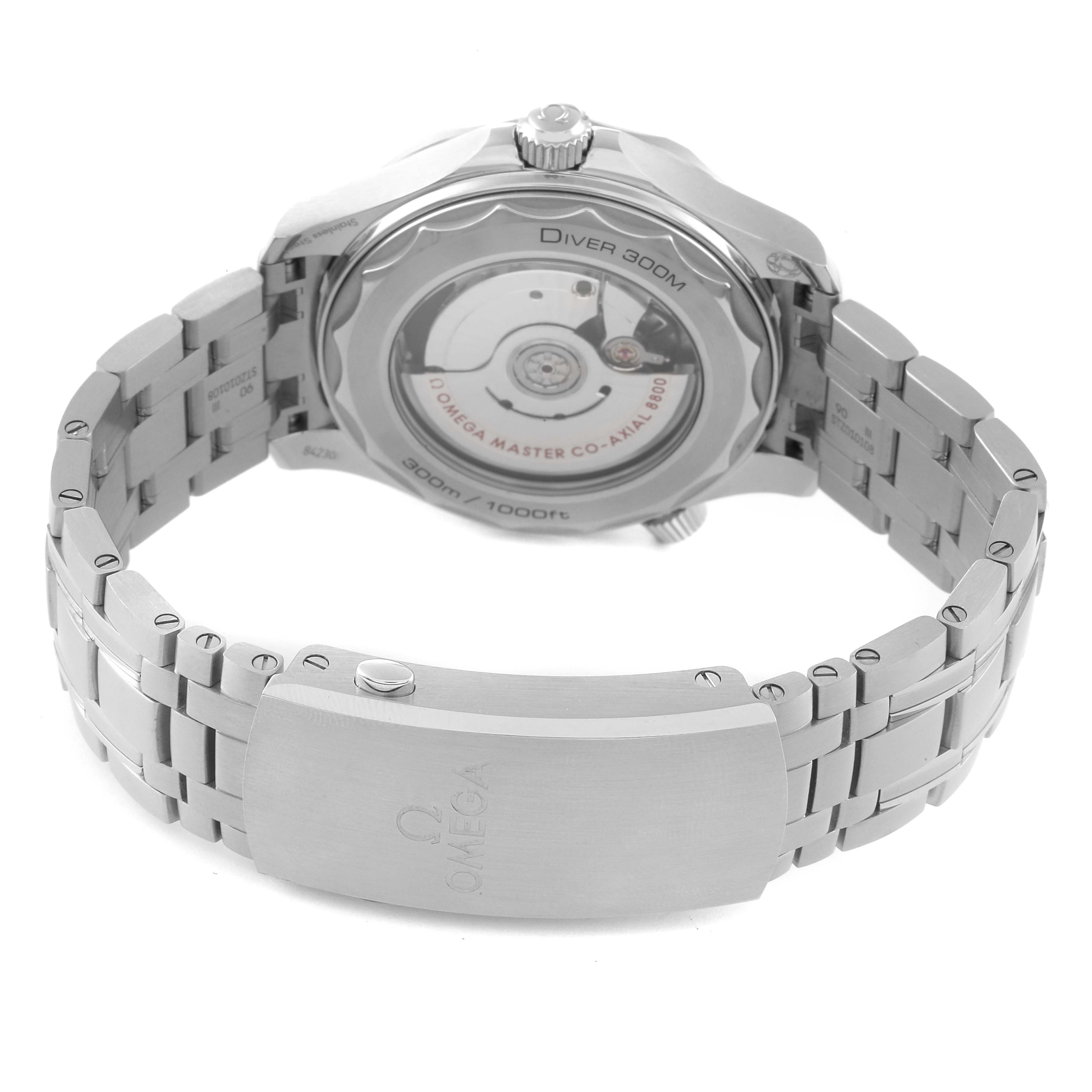 The image shows the back of an Omega Seamaster 210.30.42.20.01.001 Men's Stainless Steel Black Dial 210.30.42.20.01.001 Men's Stainless Steel Black Dial watch and its stainless steel bracelet, including the clasp and case back.