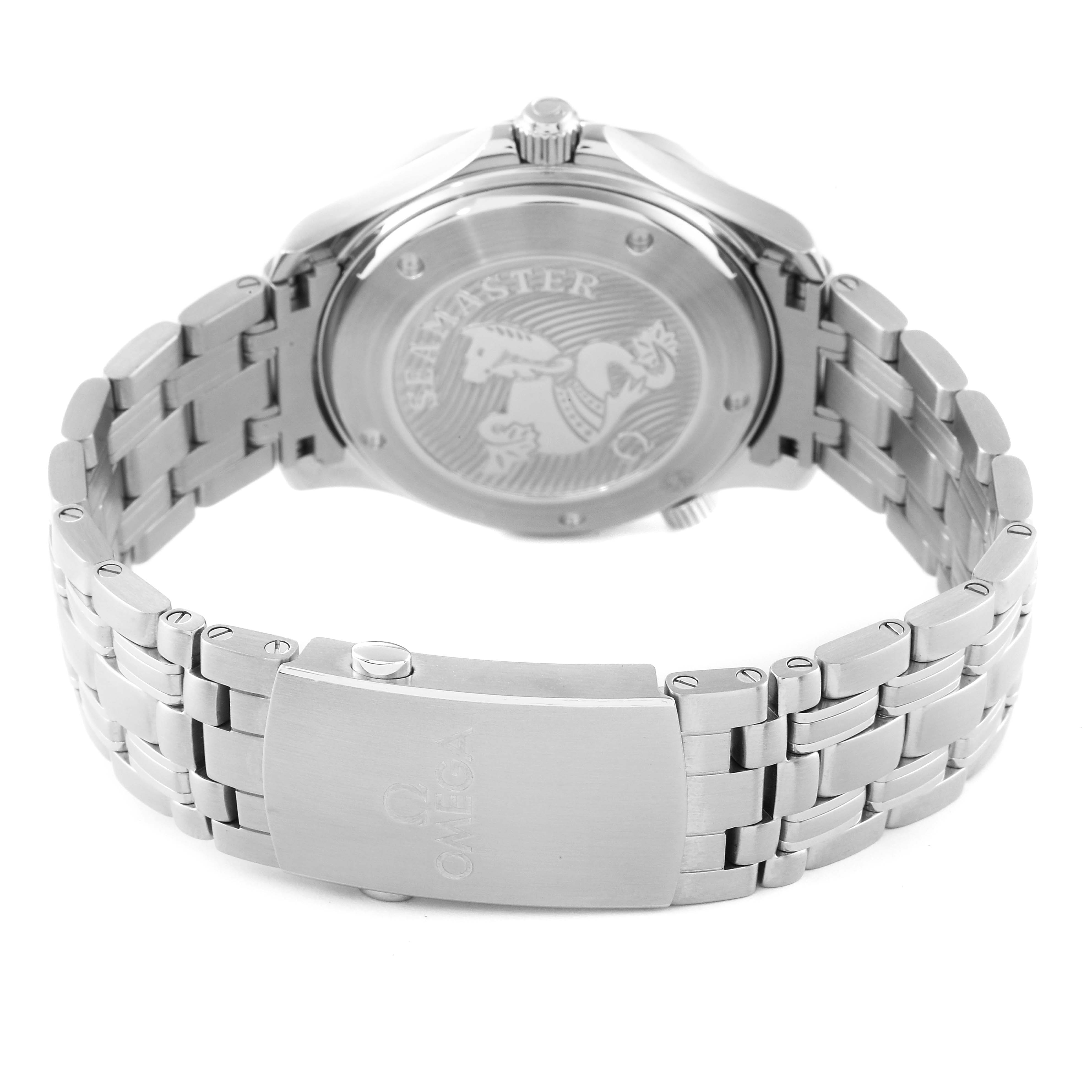 This image shows the back view of the Omega Seamaster 212.30.41.20.03.001 Men's Stainless Steel Blue Dial 212.30.41.20.03.001 Men's Stainless Steel Blue Dial watch, highlighting its case back and stainless steel bracelet with a clasp.