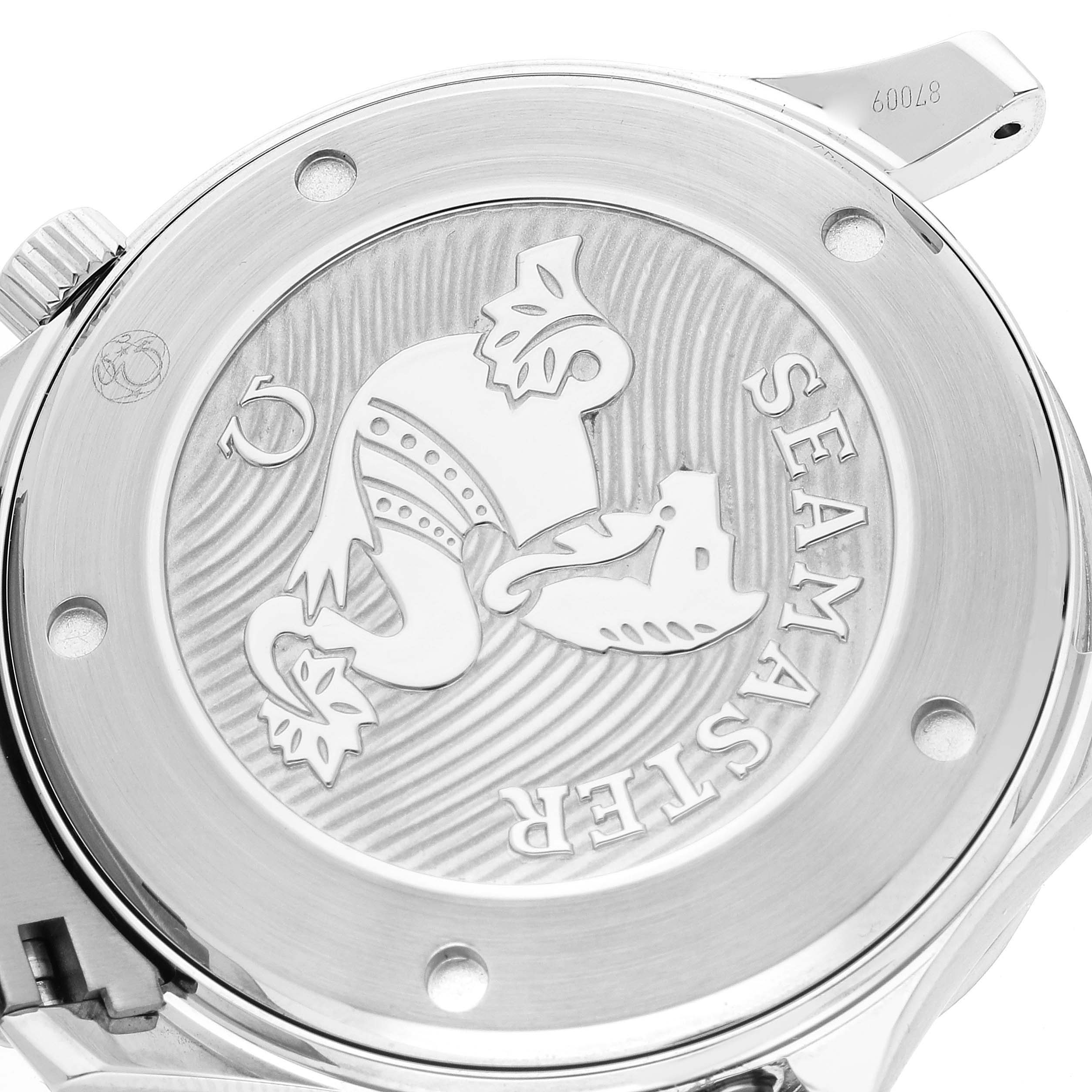 The image shows the detailed back case of an Omega Seamaster 212.30.41.20.03.001 Men's Stainless Steel Blue Dial 212.30.41.20.03.001 Men's Stainless Steel Blue Dial watch, highlighting the engraved design and branding.